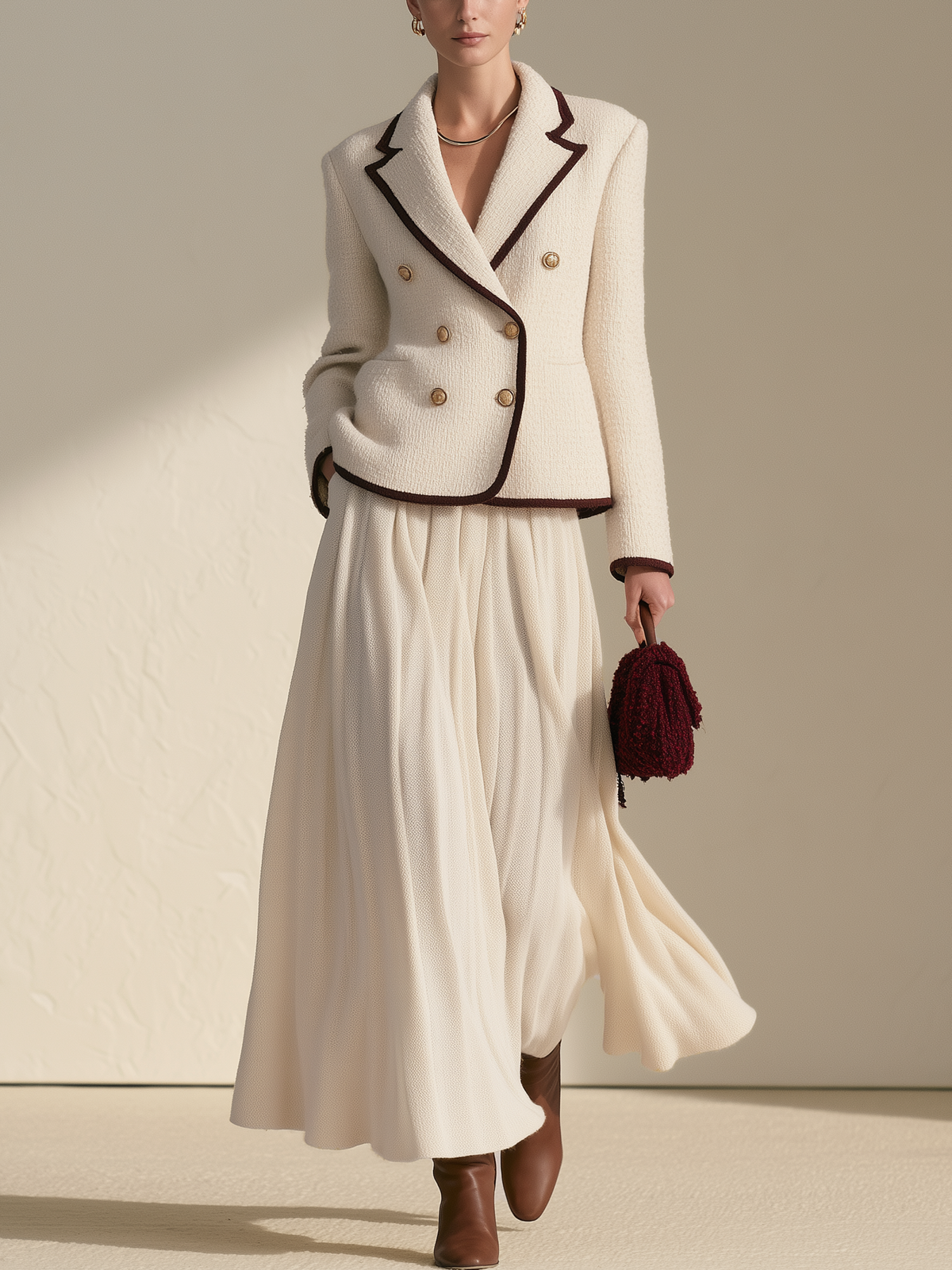 Cream Contrast Trim Tweed Blazer & Flowy Pleated Maxi Skirt Set