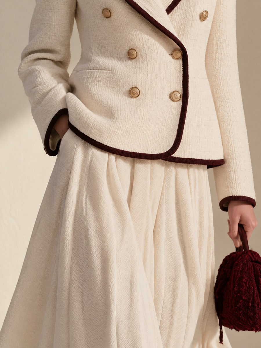 Cream Contrast Trim Tweed Blazer & Flowy Pleated Maxi Skirt Set