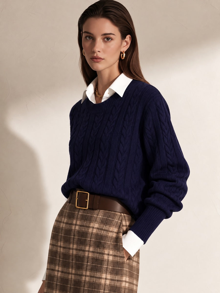 Navy Crewneck Cable Knit Faux Two-Piece Collared Sweater