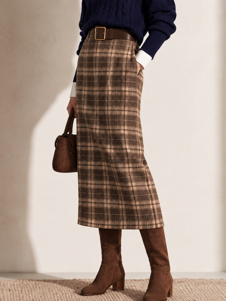 Coffee Brown Vintage Plaid High Waist Straight Wool Blend Midi Skirt