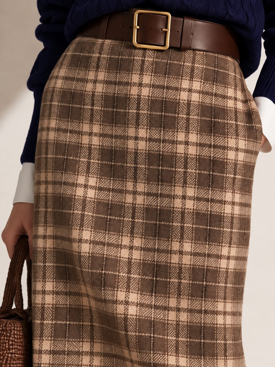 Coffee Brown Vintage Plaid High Waist Straight Wool Blend Midi Skirt