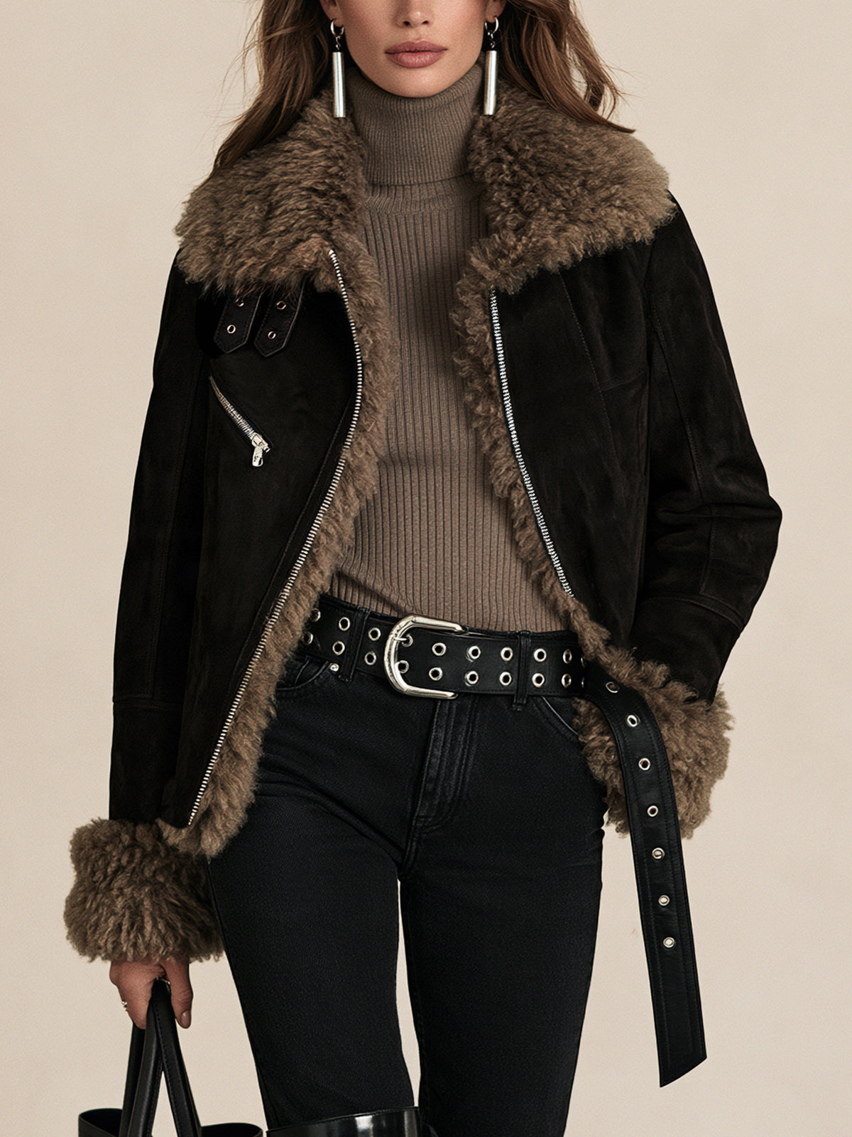 Brown Suede Curly Shearling Trim Jacket Coat