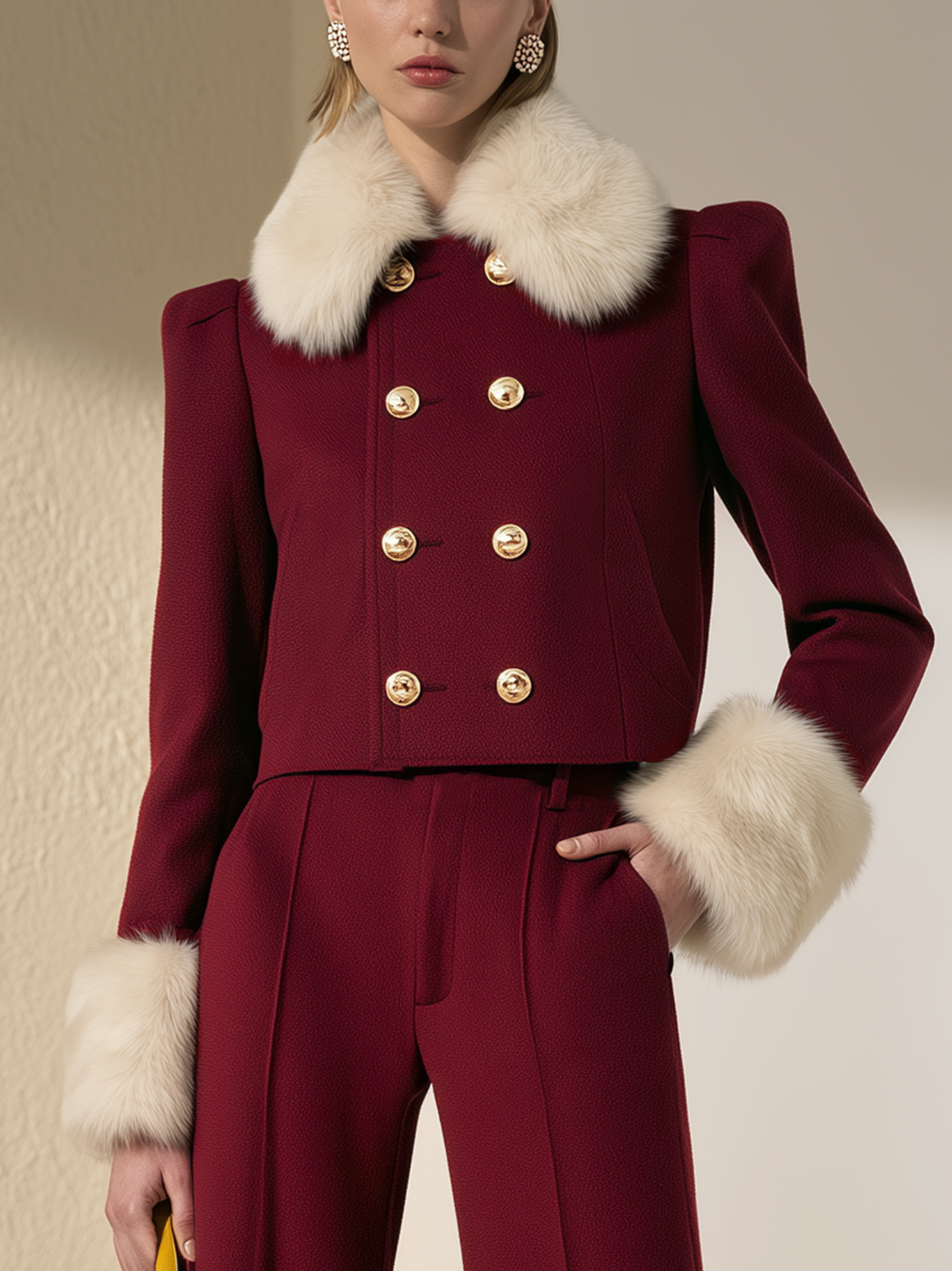 Burgundy Double Gold Button Padded Shoulder Cropped Jacket