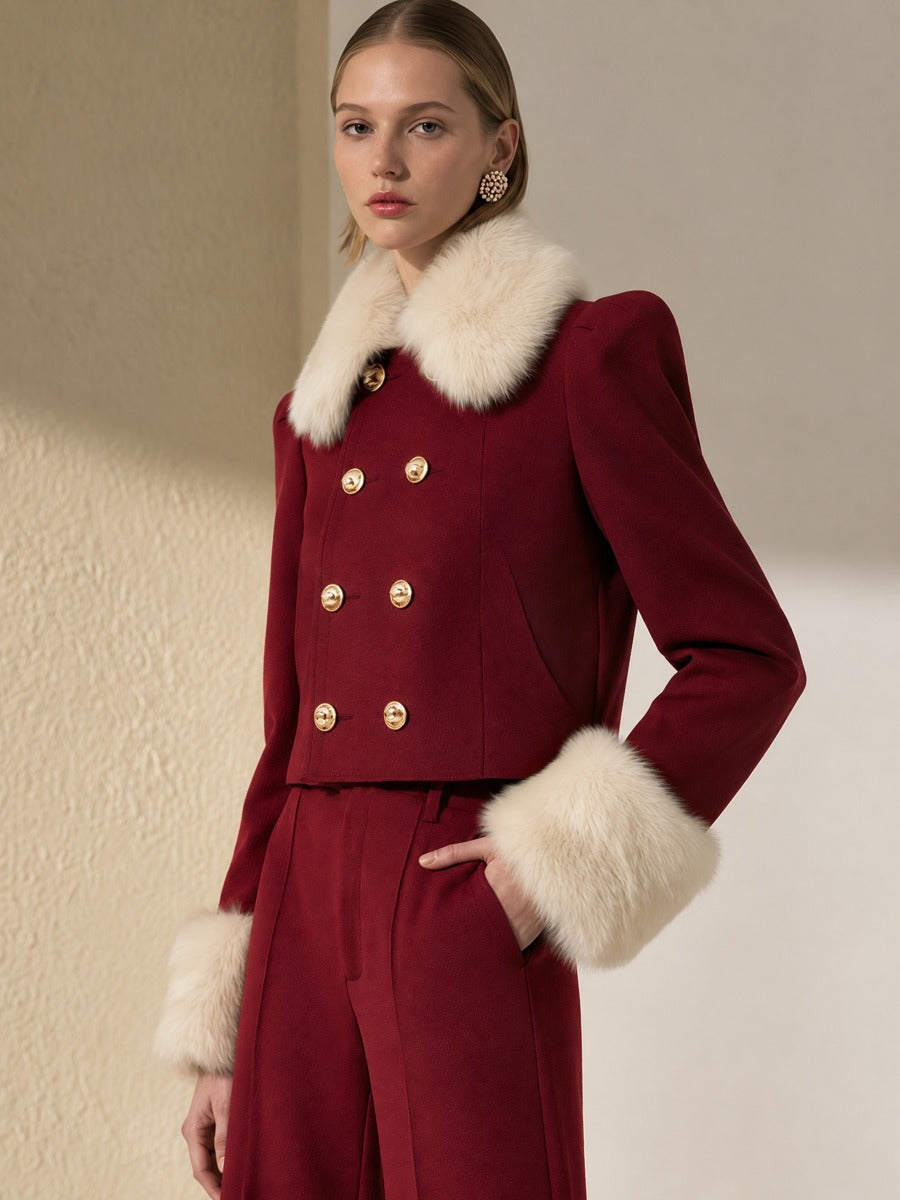 Burgundy Double Gold Button Padded Shoulder Cropped Jacket