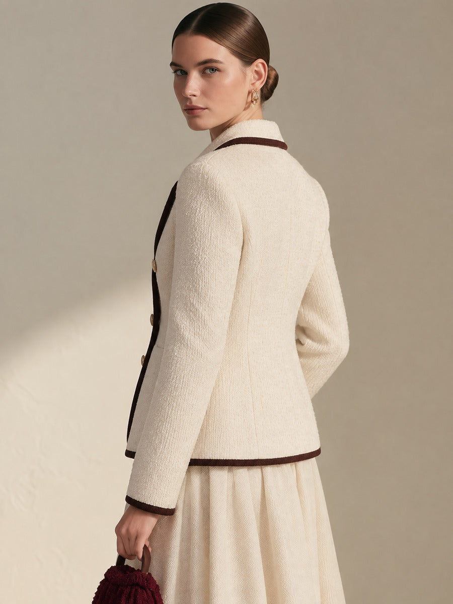 Cream Burgundy Contrast Trim Fitted Double Breasted Tweed Blazer