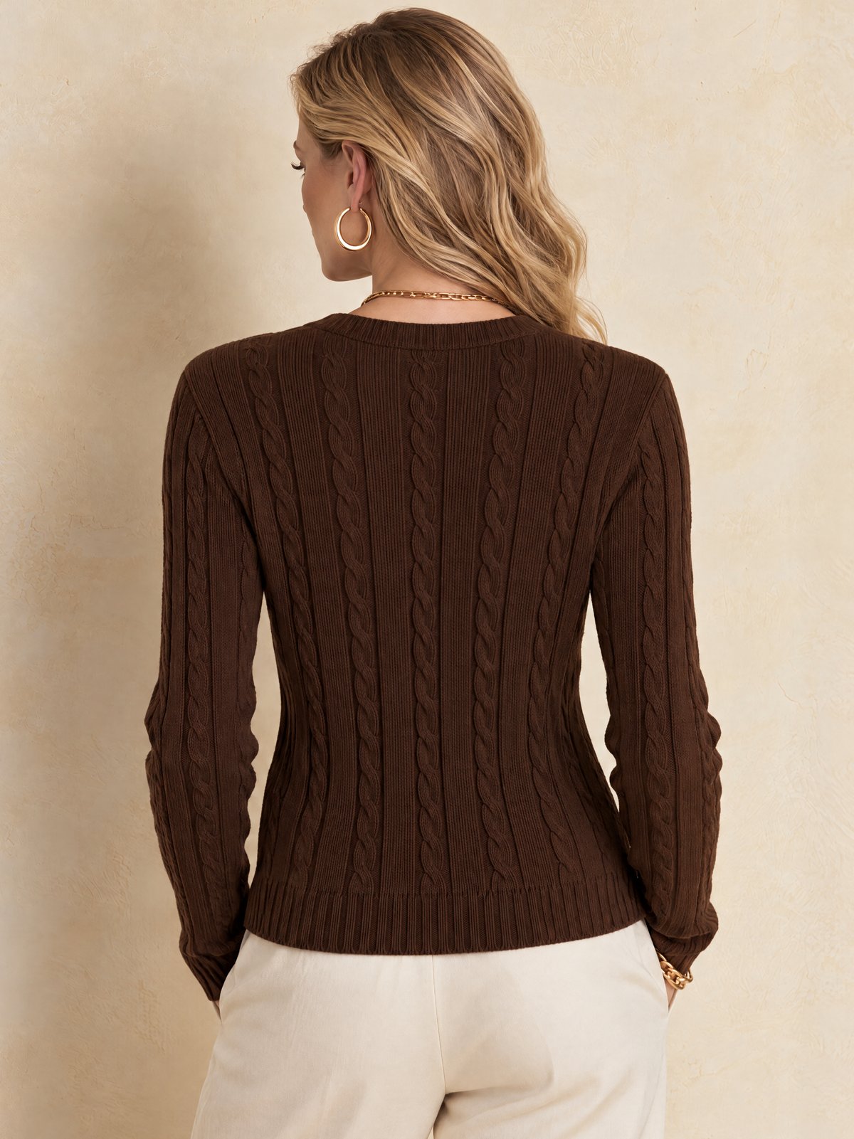 Brown Light Blue Contrast Faux Two-Piece Wool Knit Top