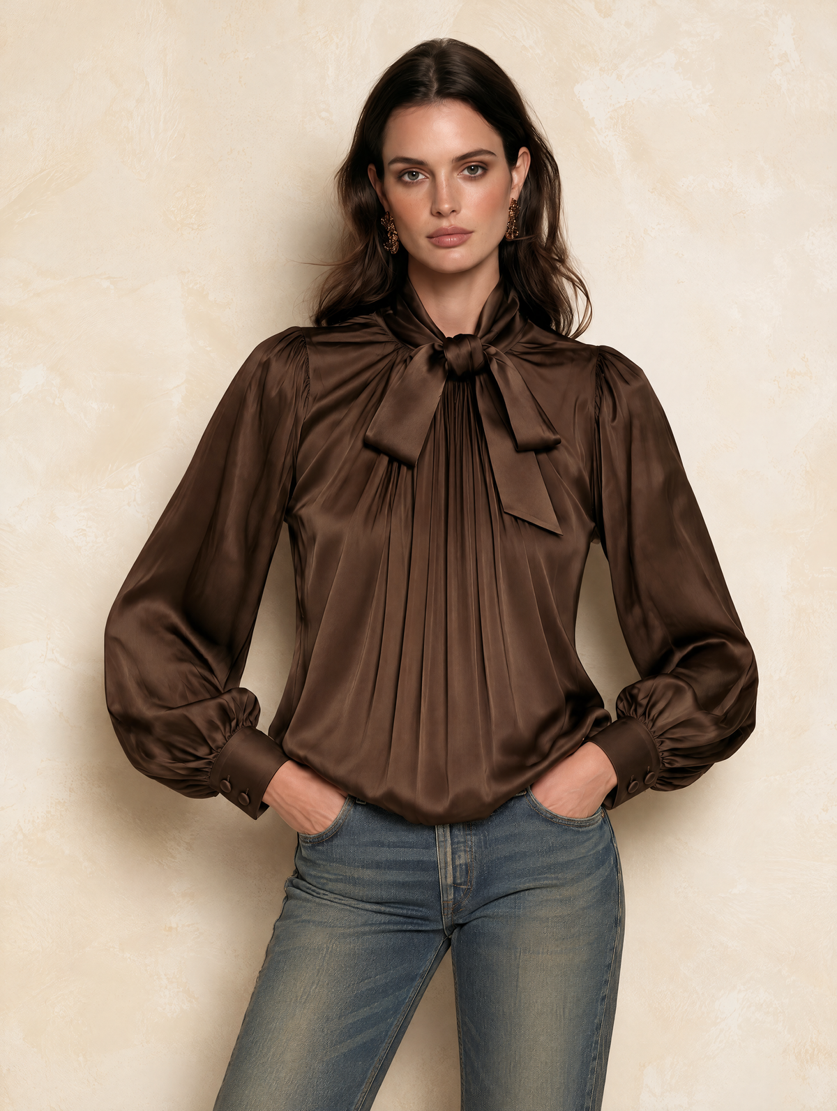 Chocolate Brown Bow Neck Gathered Satin Blouse