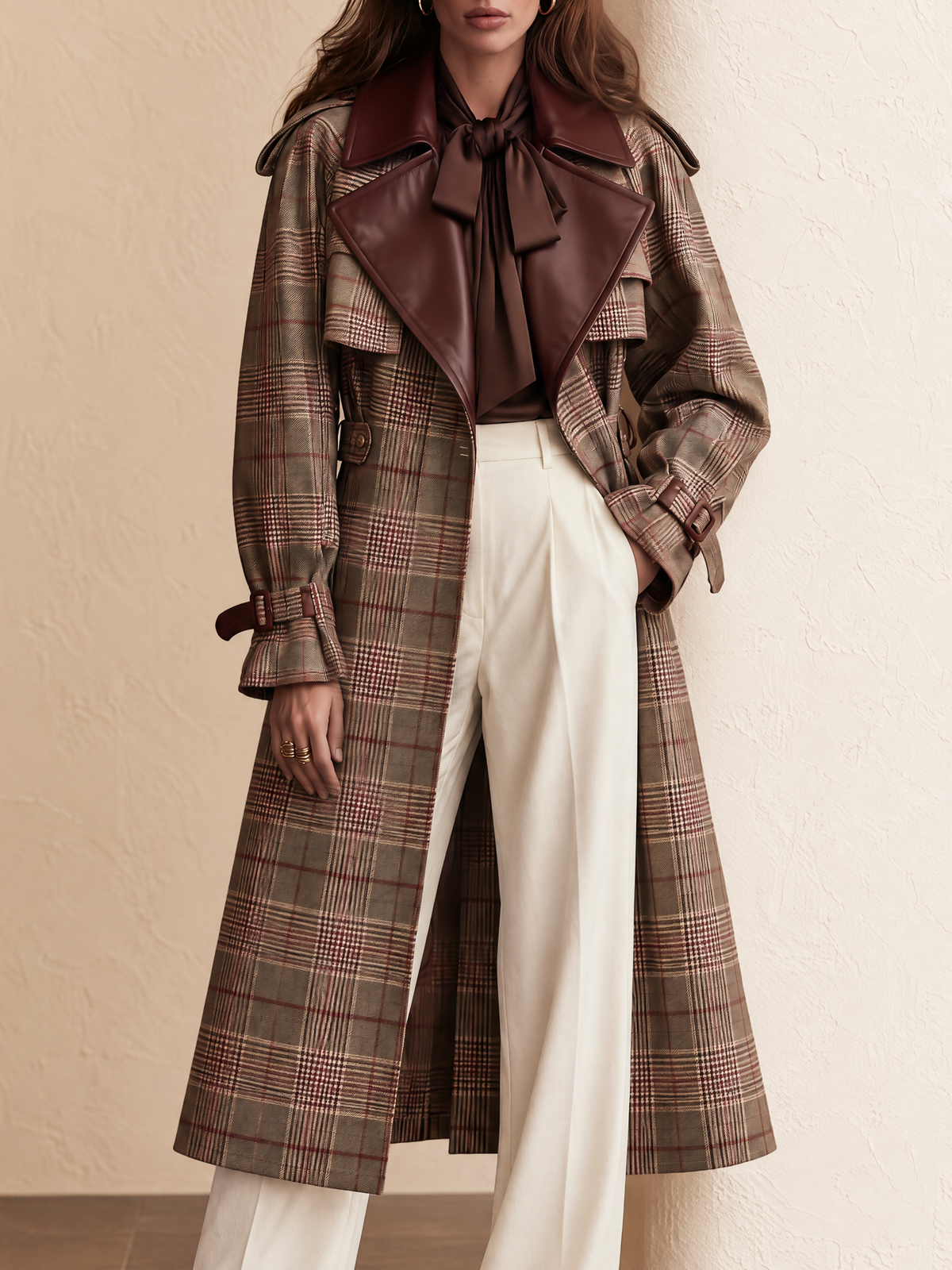 Brown Plaid & Reddish-Brown Leather Panel Trench Coat