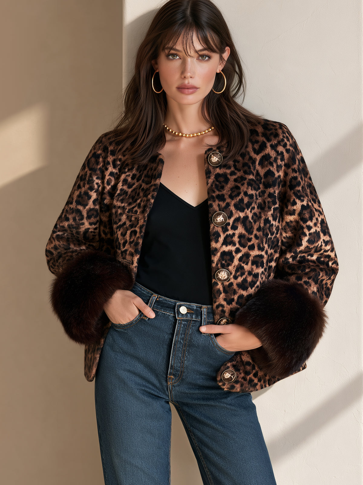 Brown Leopard Wool Blend Faux Fur Cuffs Jacket Coat
