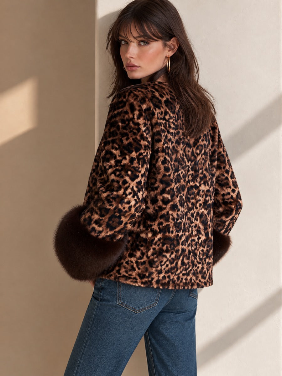 Brown Leopard Wool Blend Faux Fur Cuffs Jacket Coat