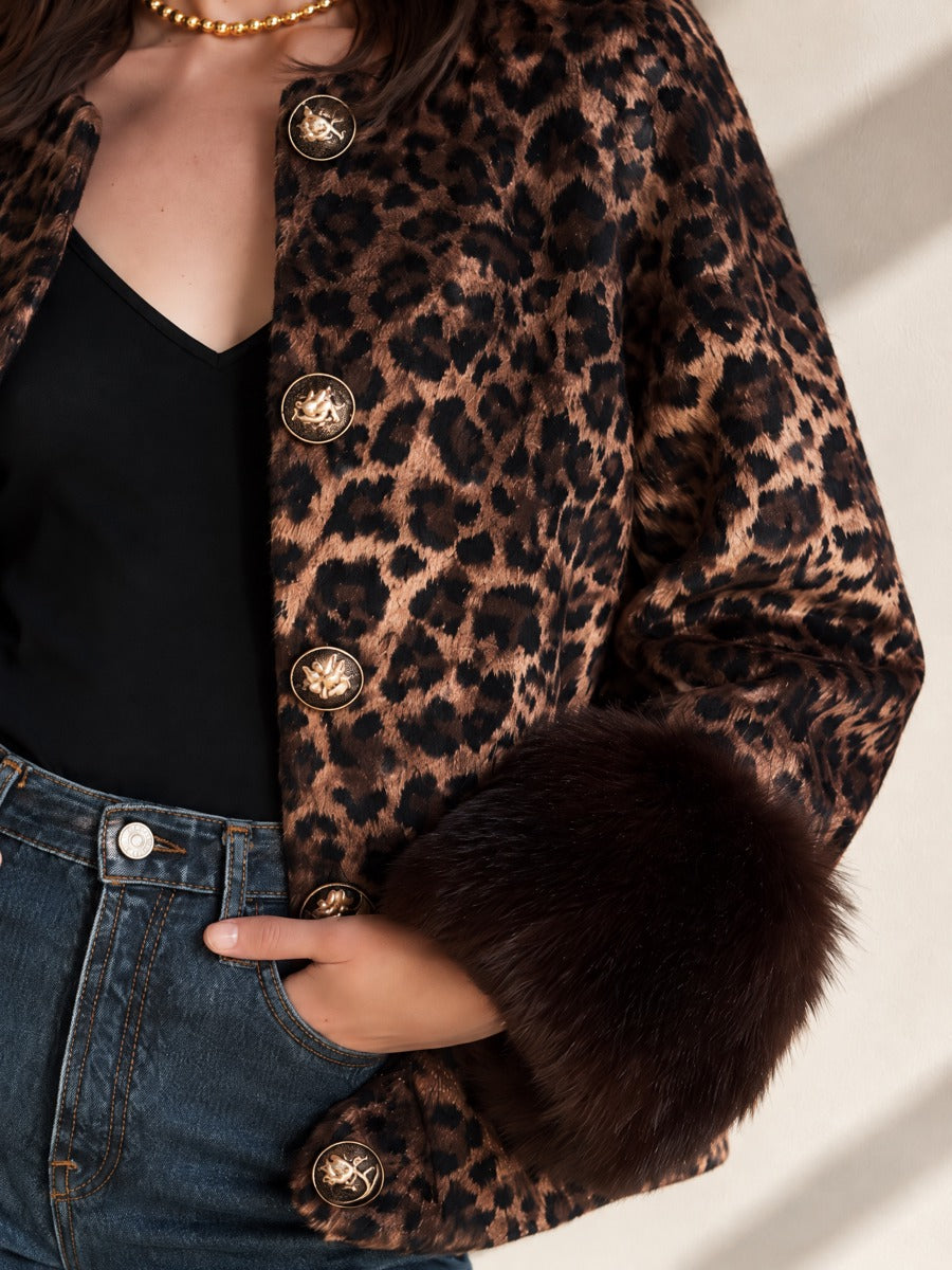 Brown Leopard Wool Blend Faux Fur Cuffs Jacket Coat