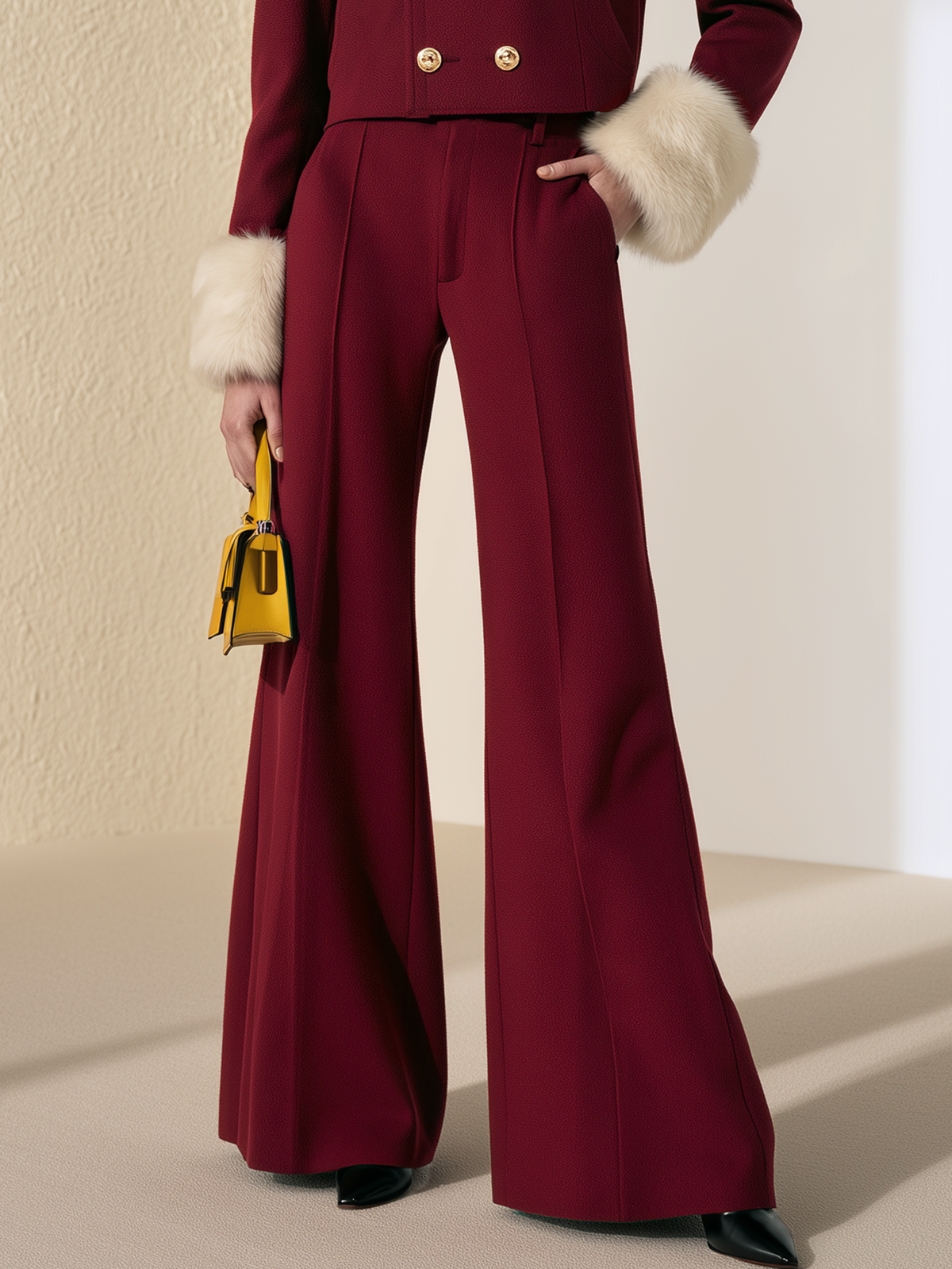 Burgundy Structured Draping High Waist Flare Wide Leg Trousers