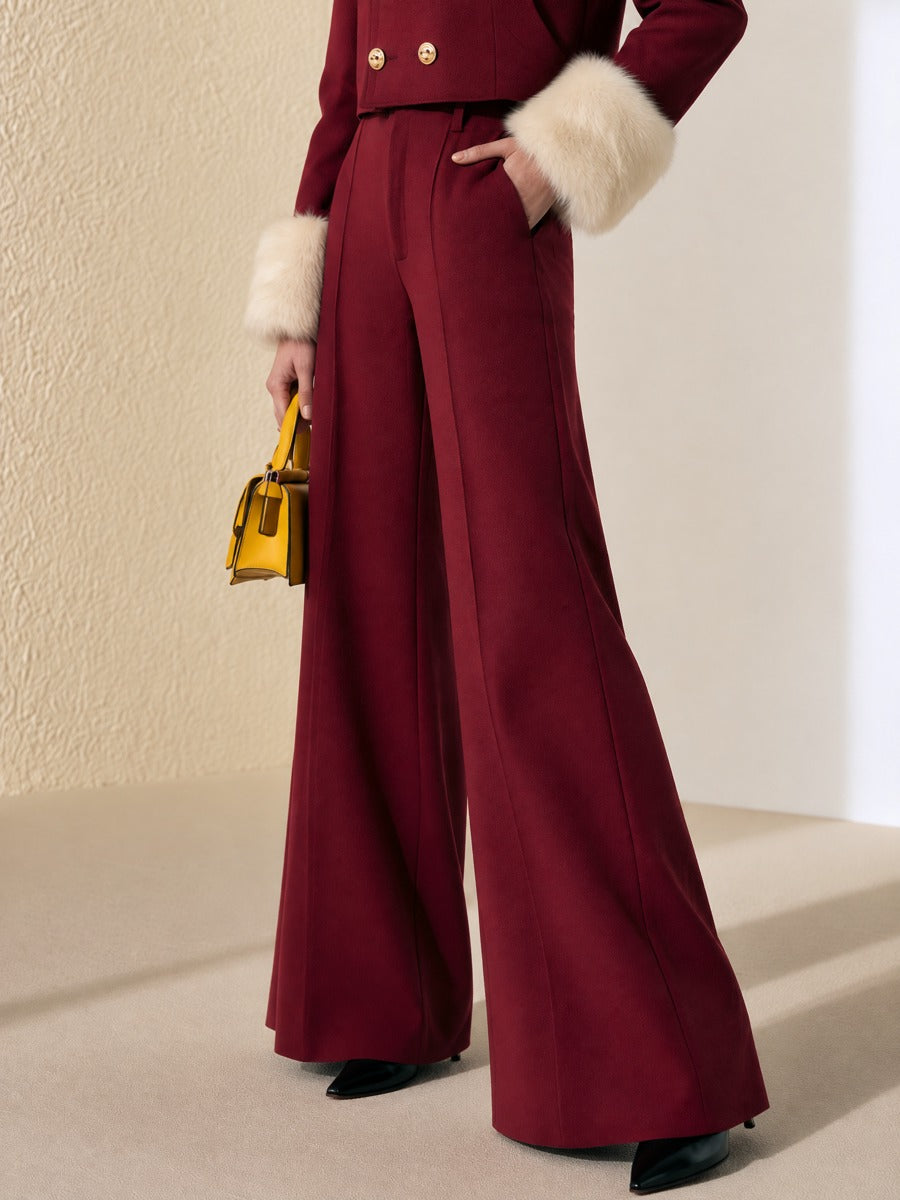 Burgundy Structured Draping High Waist Flare Wide Leg Trousers