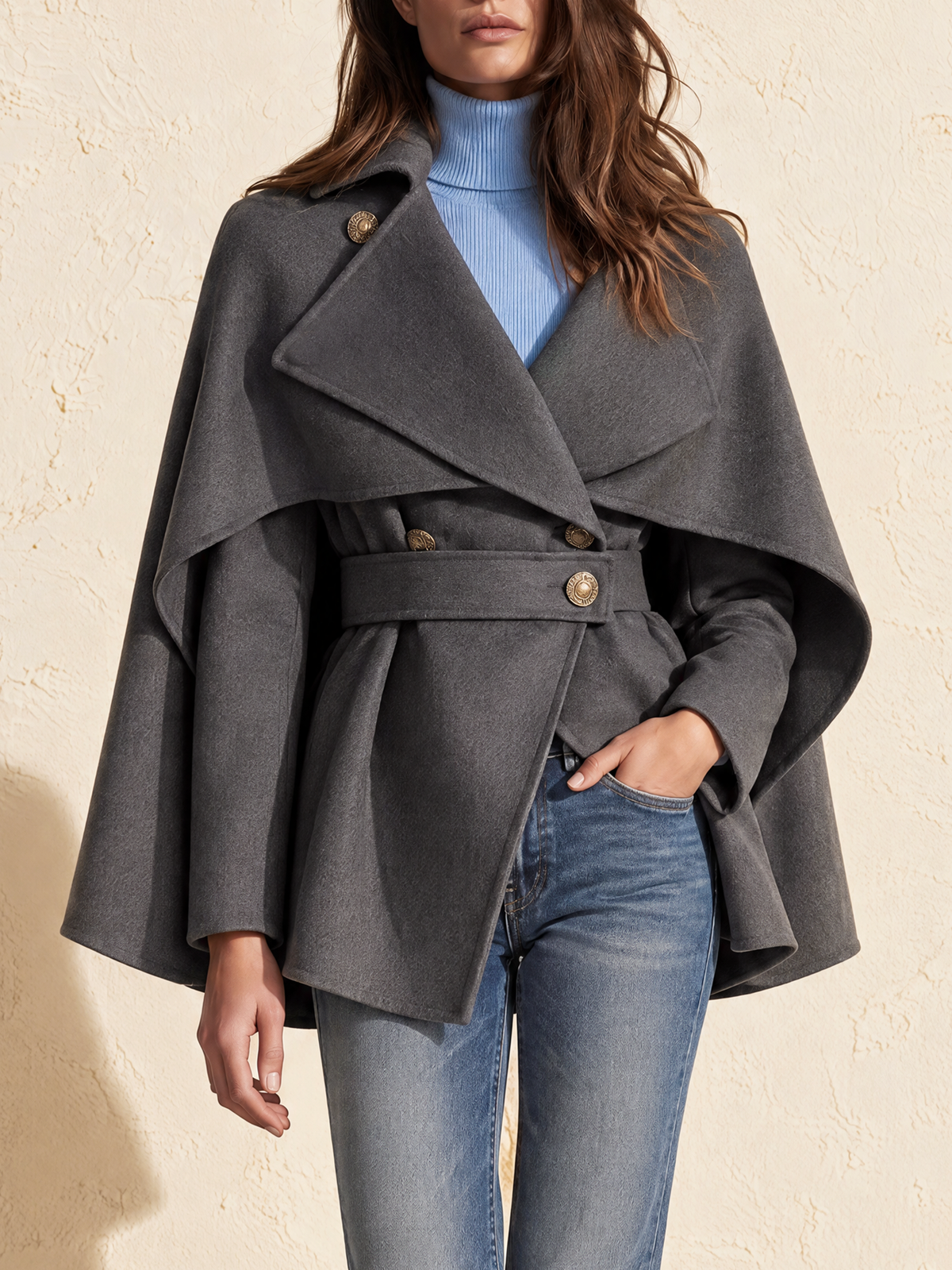 Charcoal Grey Cape Style Woolen Coat