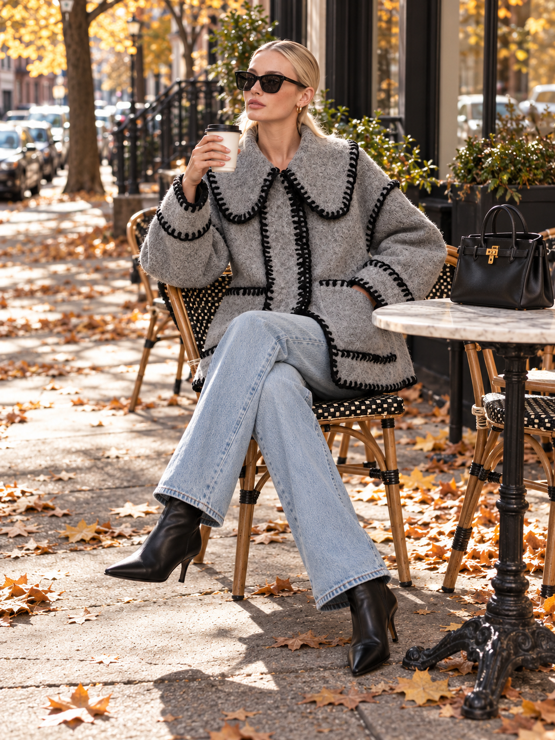 Grey Bouclé Wool-Blend Jacket With Contrast Black Blanket Stitch Trim
