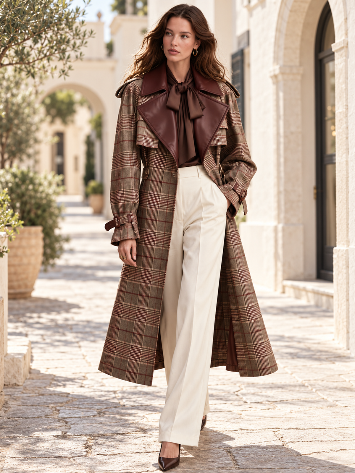 Brown Plaid & Reddish-Brown Leather Panel Trench Coat