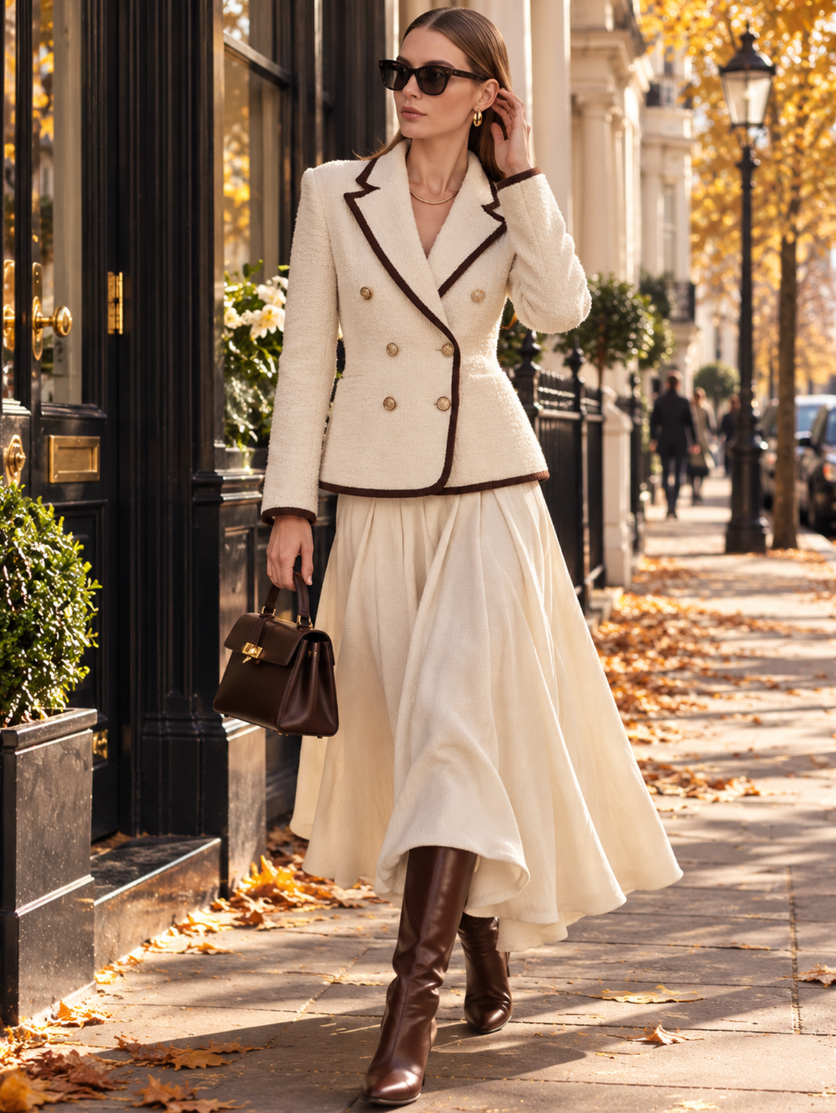 Cream High Waist Pleated Flowy Maxi Skirt