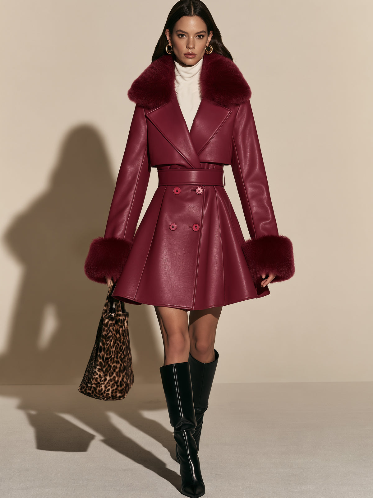 Faux Leather Detachable Fur Trim Trench Dress Coat