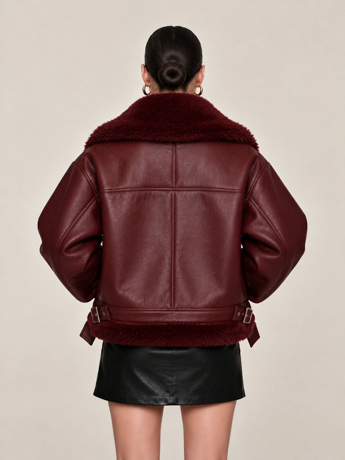 Burgundy Faux Leather Shearling Aviator Jacket With Fur Collar