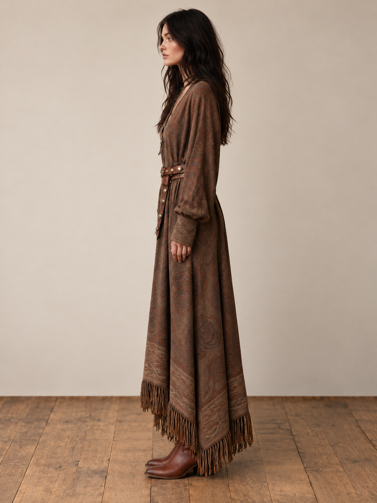 Brown Paisley Print Fringe Hem Boho Maxi Dress
