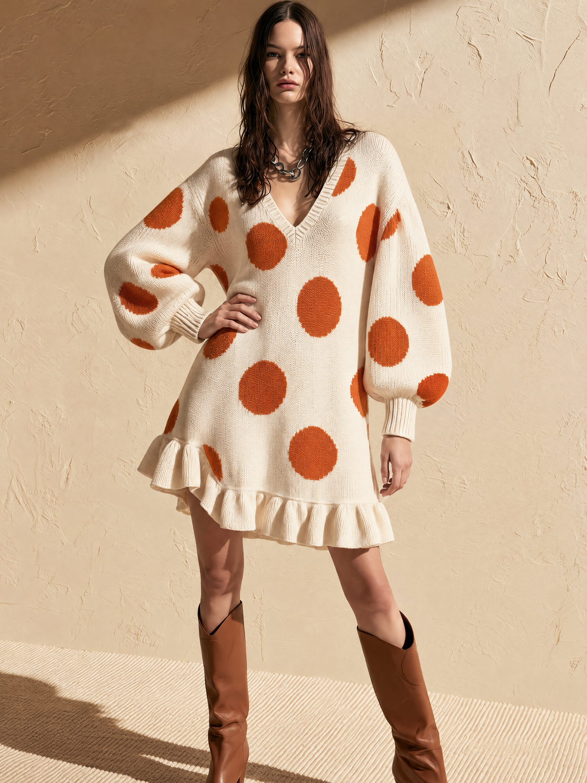 Ivory And Orange Polka Dot Ruffle Hem Wool Knit Mini Dress
