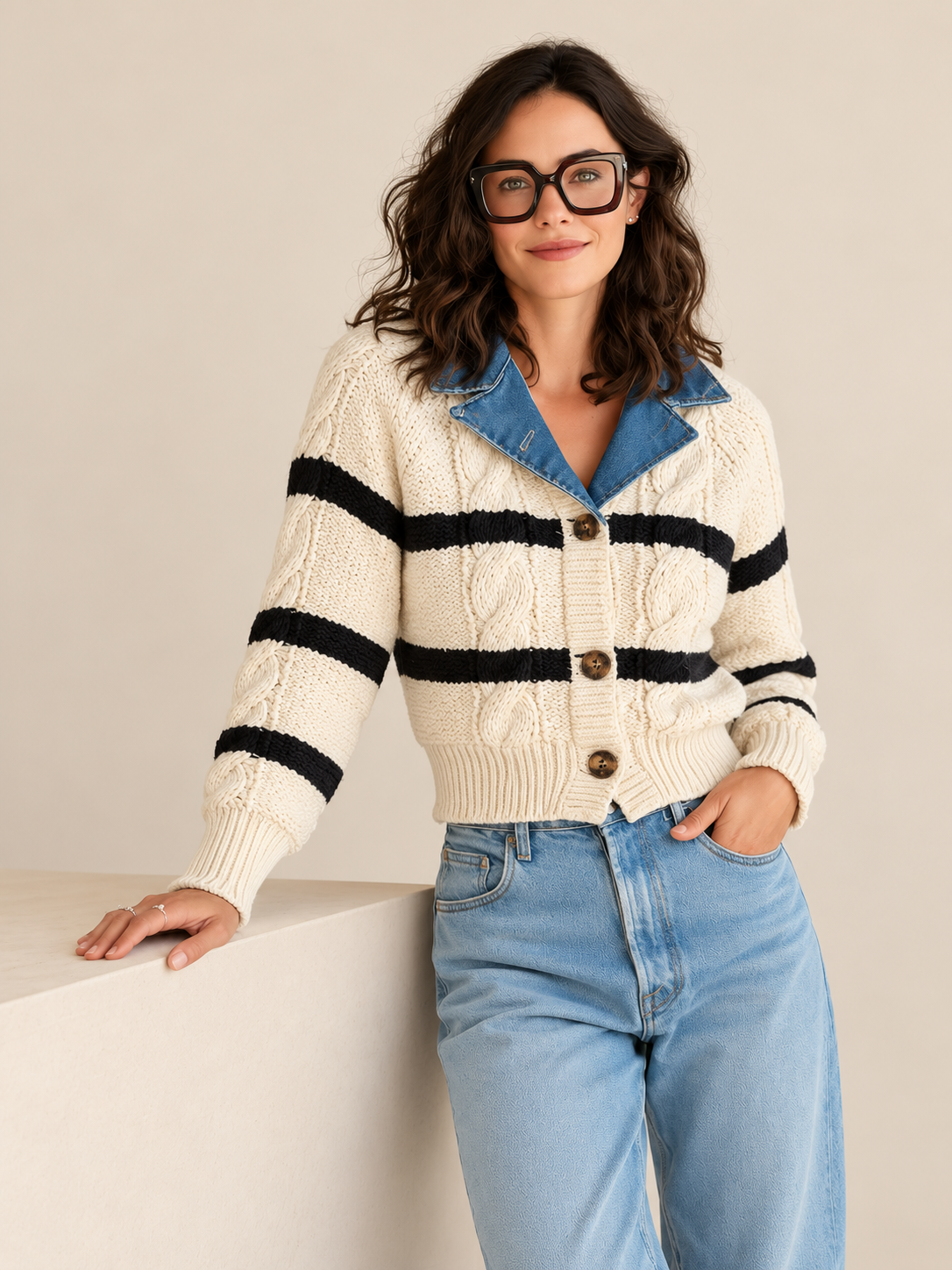 Cream Striped Cable Knit Cardigan With Contrast Denim Collar
