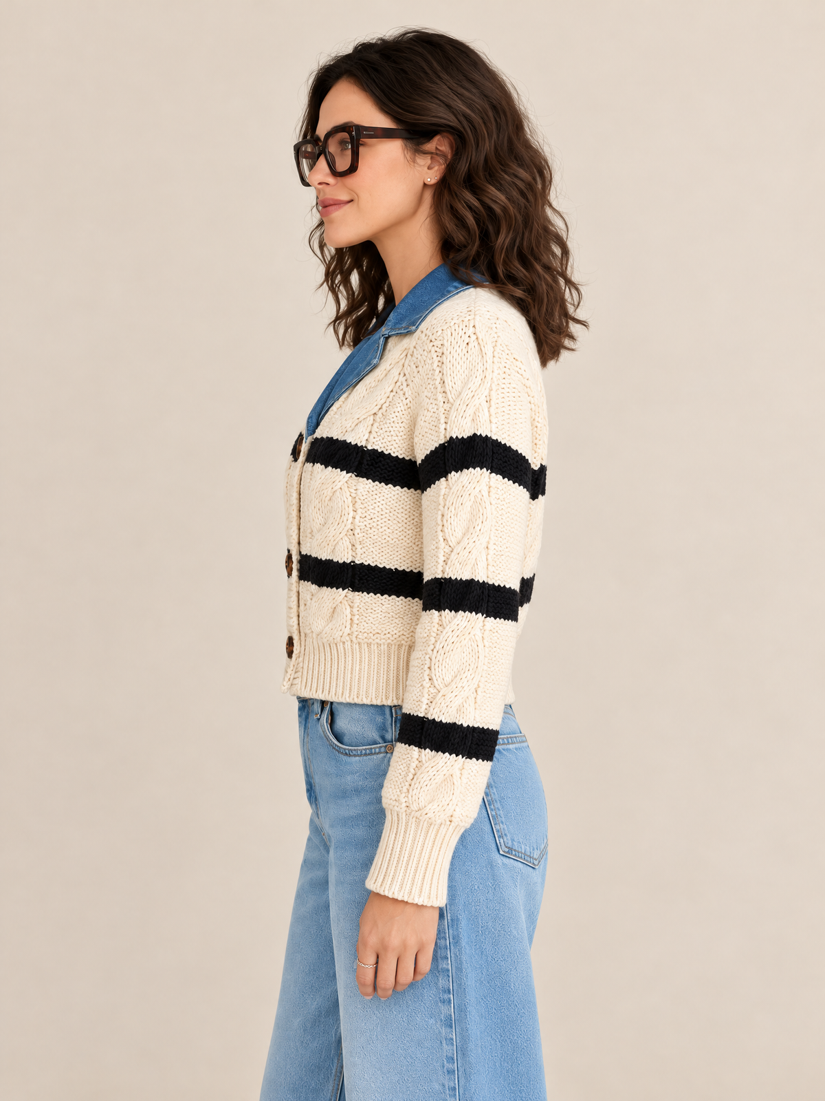 Cream Striped Cable Knit Cardigan With Contrast Denim Collar