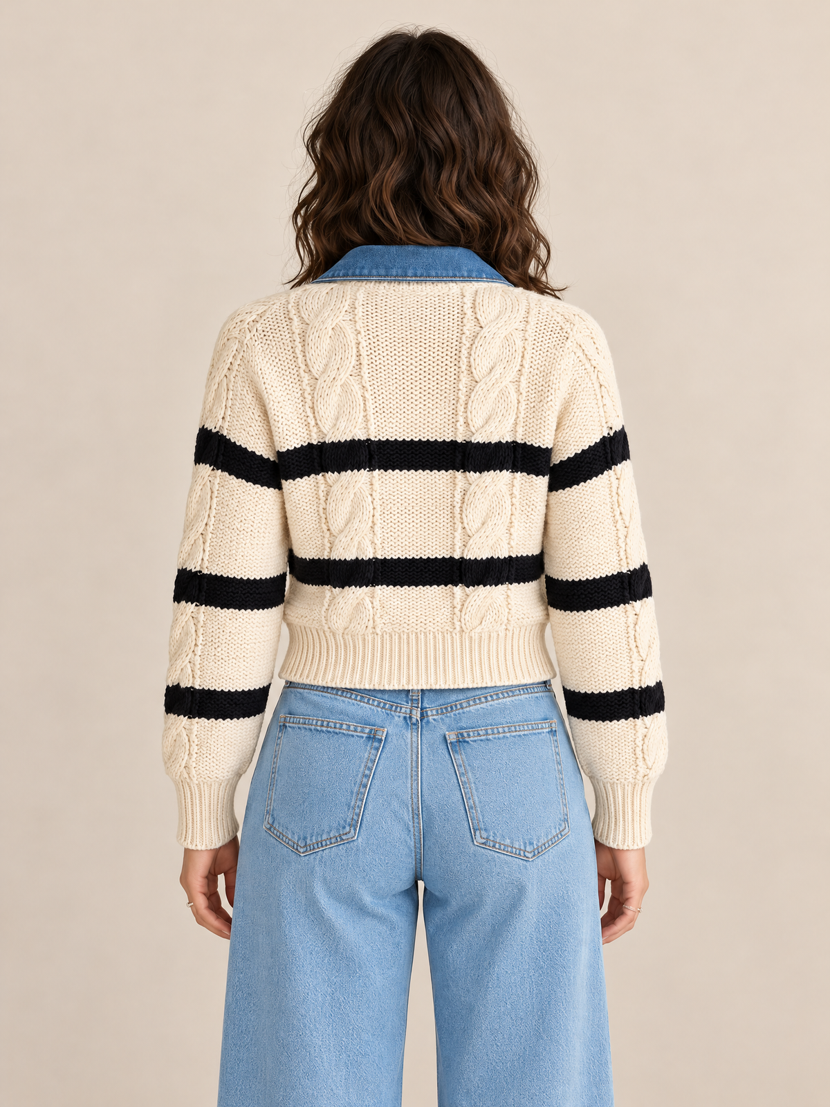 Cream Striped Cable Knit Cardigan With Contrast Denim Collar