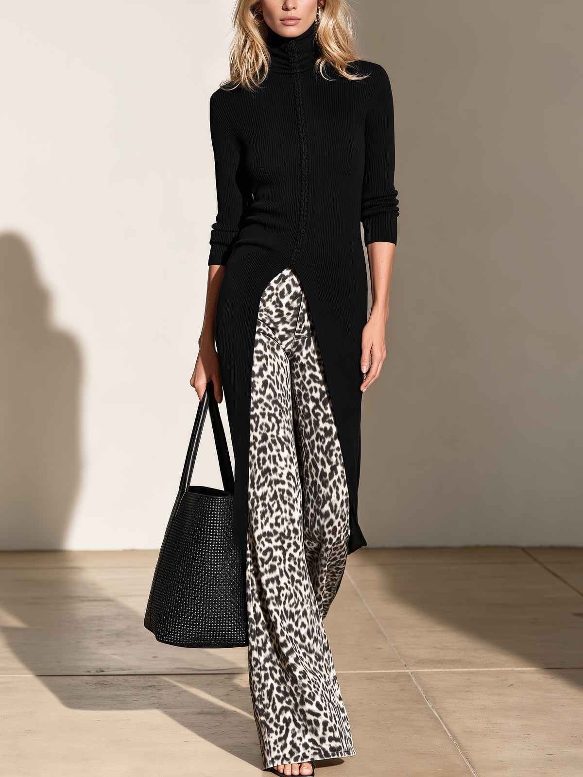 Black Ribbed Knit Turtleneck Long Tunic Sweater