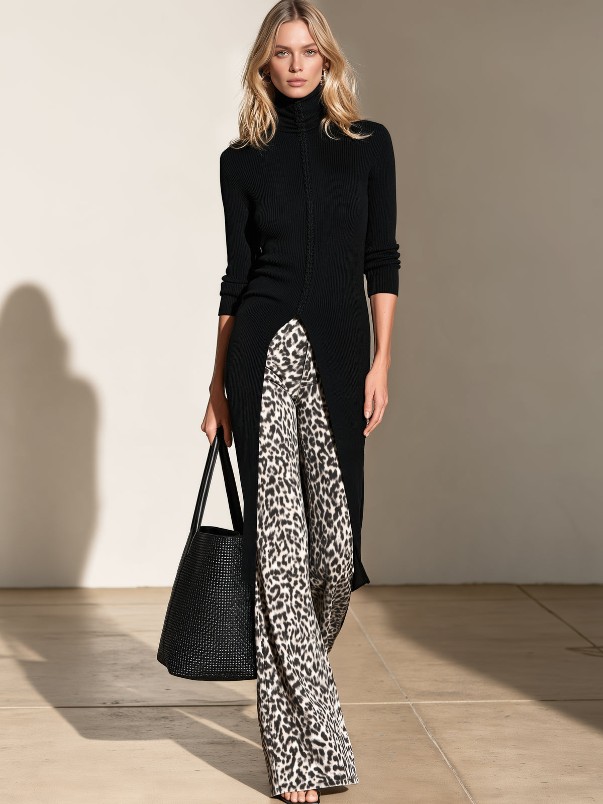 Black Ribbed Knit Turtleneck Long Tunic Sweater