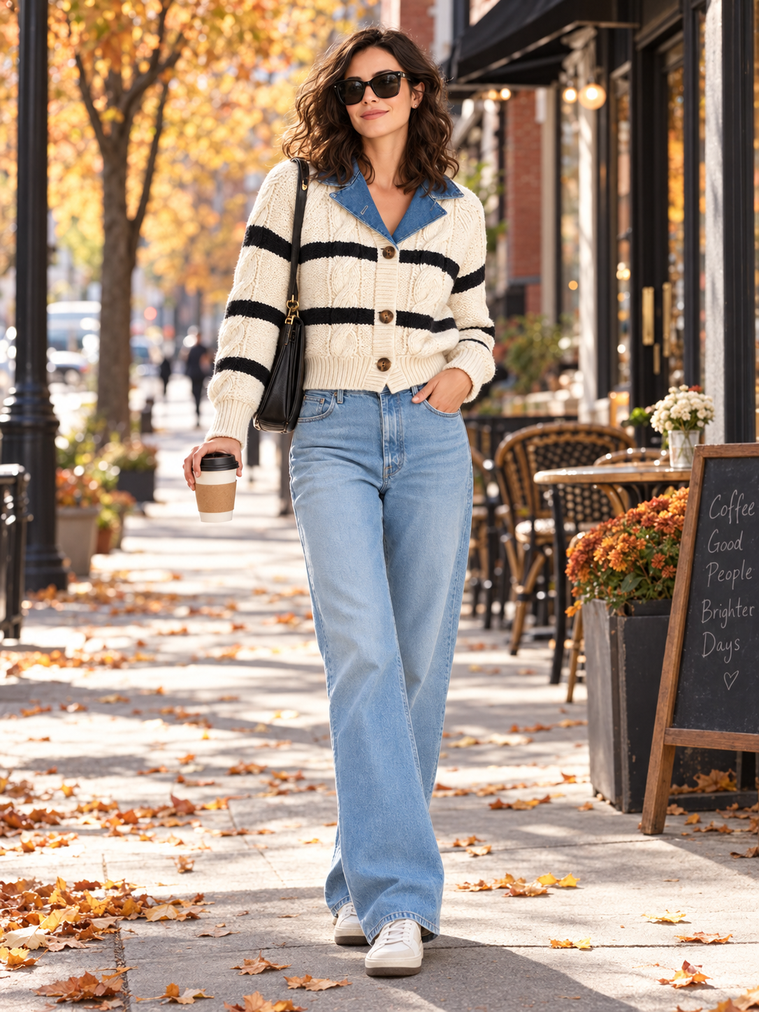 Cream Striped Cable Knit Cardigan With Contrast Denim Collar