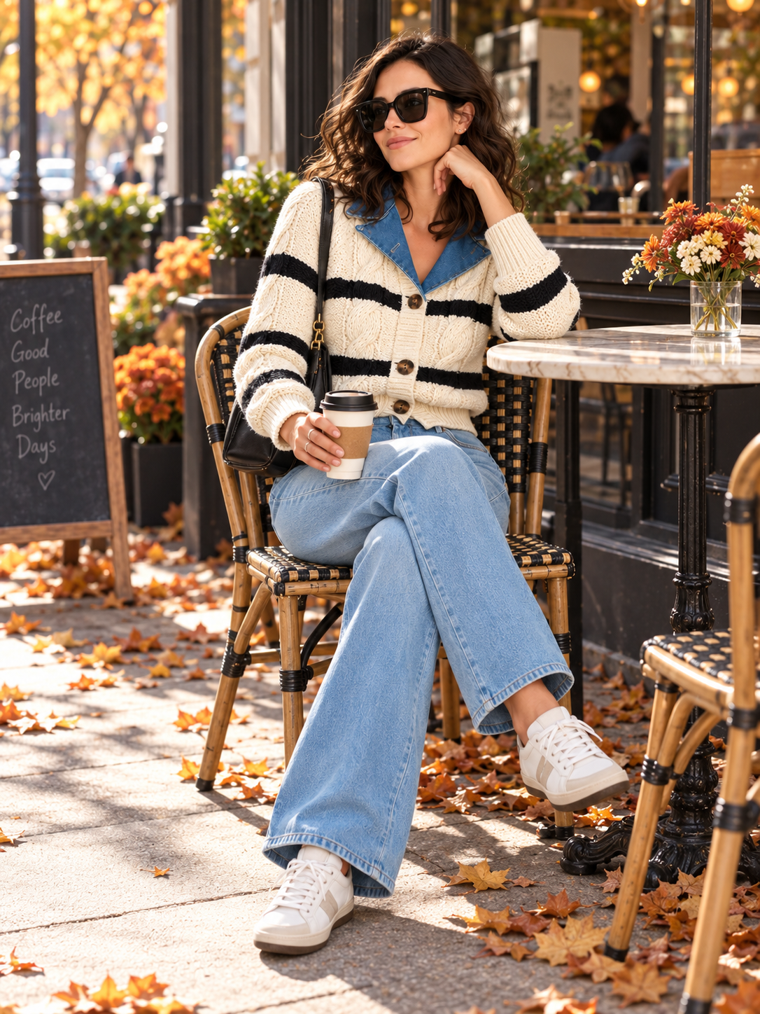 Cream Striped Cable Knit Cardigan With Contrast Denim Collar