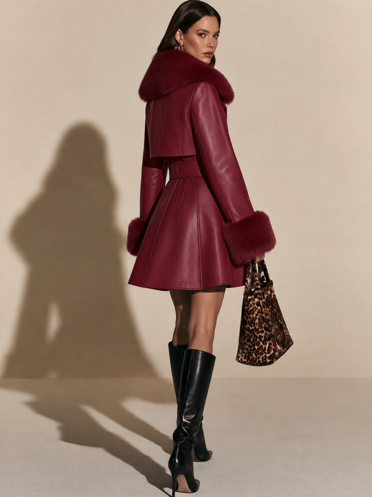 Faux Leather Detachable Fur Trim Trench Dress Coat