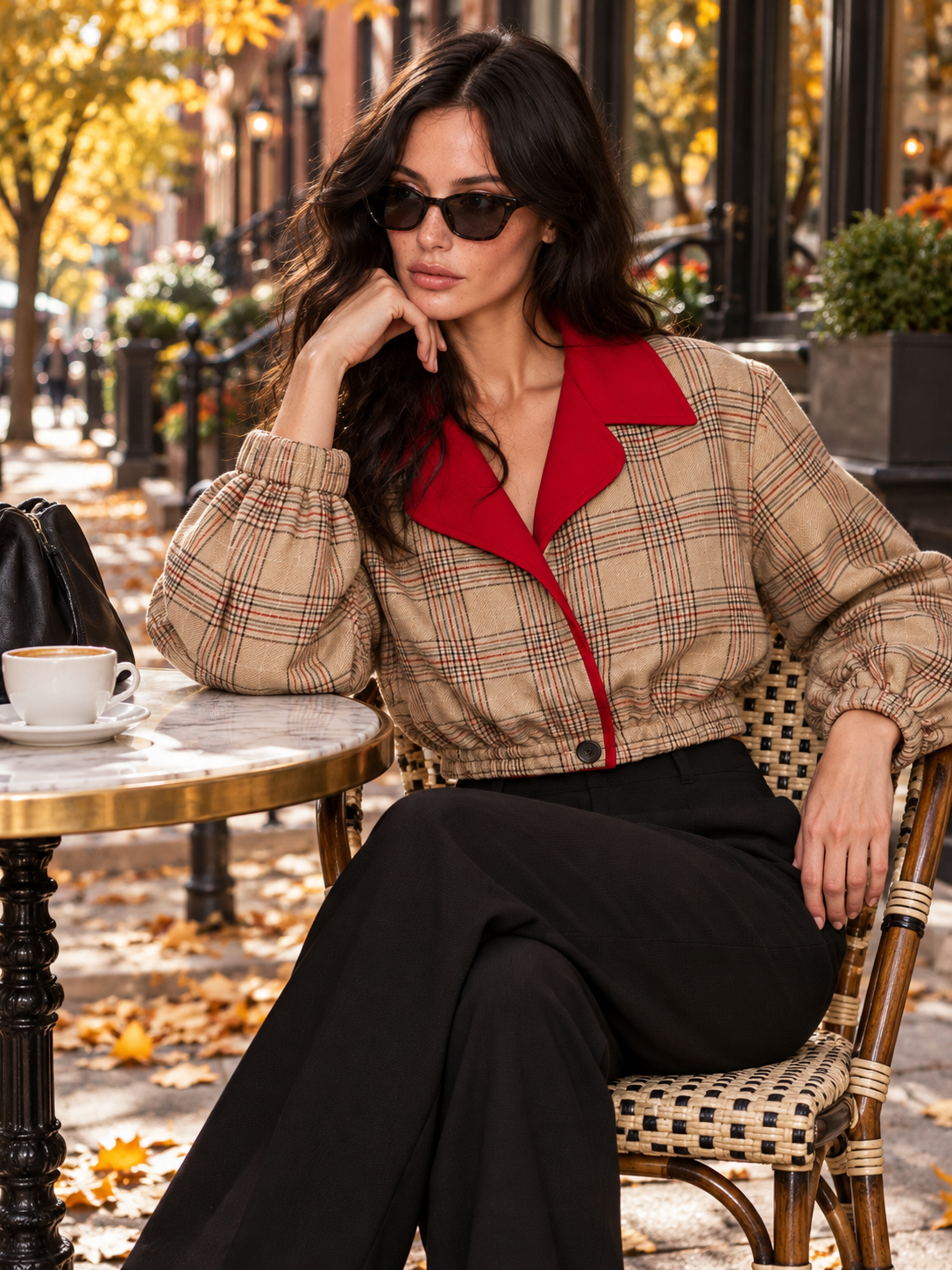 Beige Plaid Cropped Bomber Jacket With Contrast Red Collar