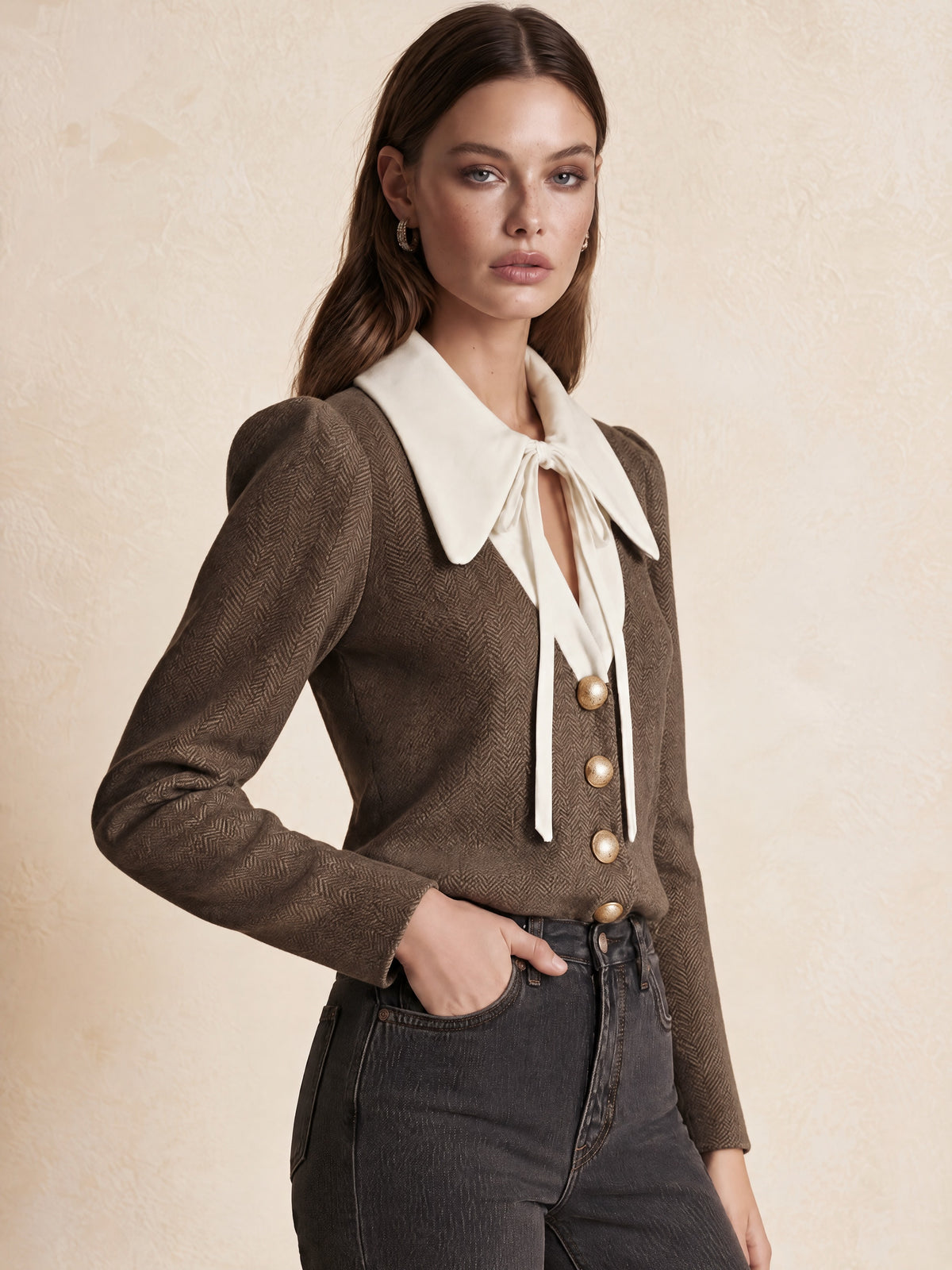 Taupe Herringbone Blouse With Cream Bow Collar