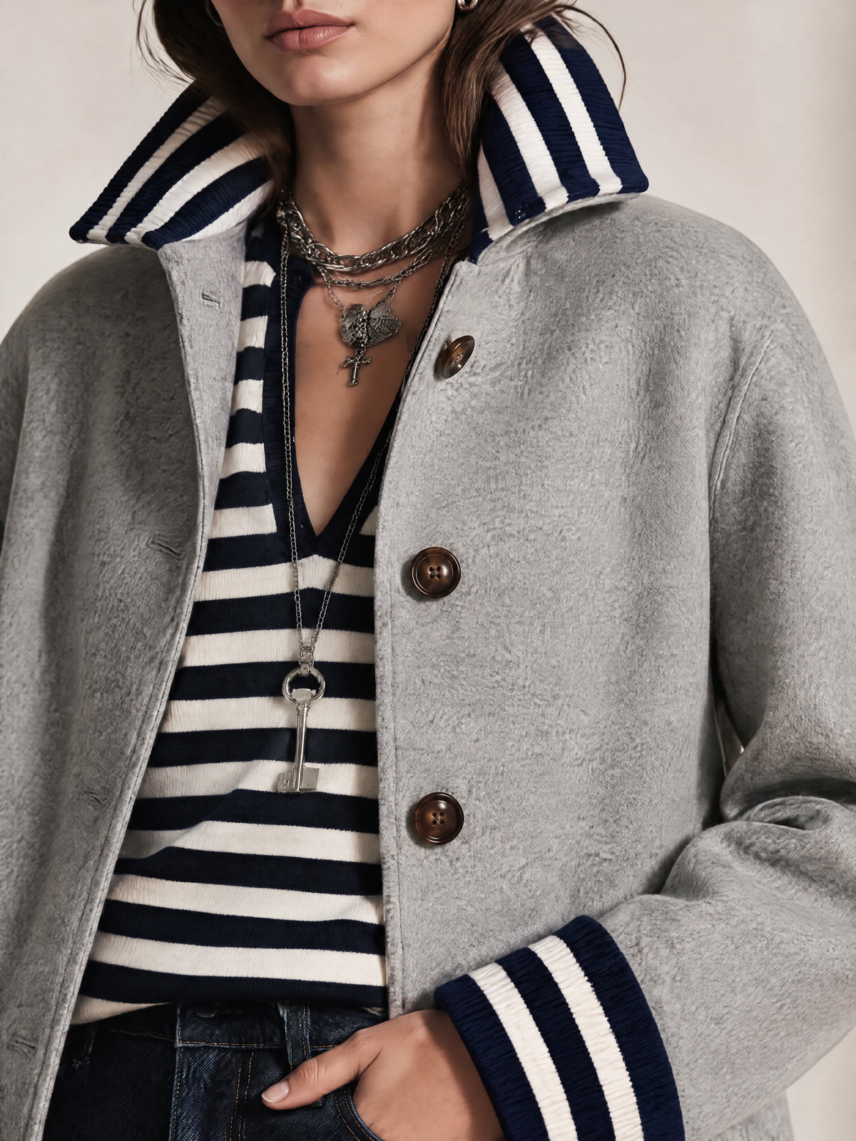 Light Grey Striped Knit Collar & Cuffs Coat Overcoat