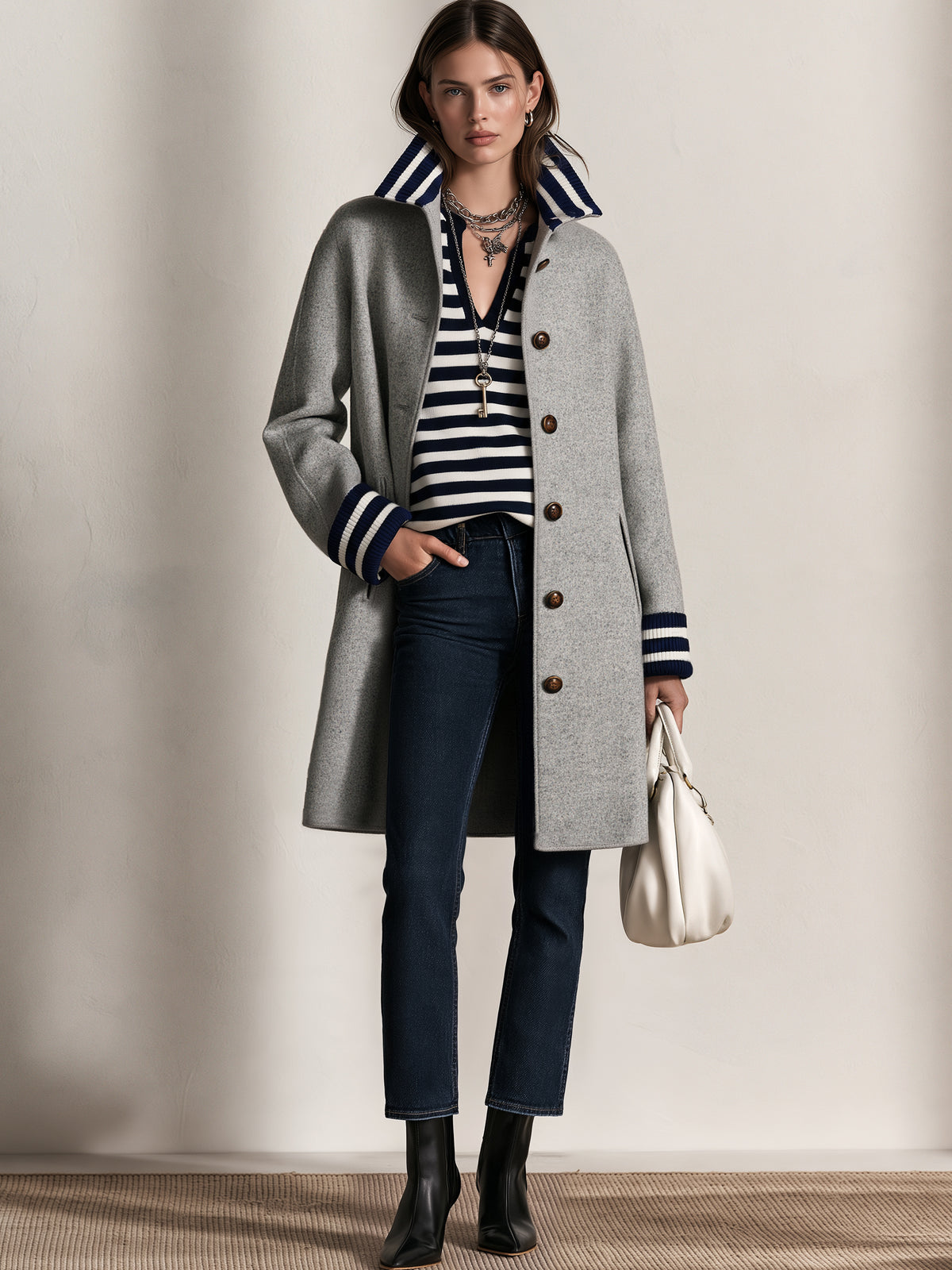 Light Grey Striped Knit Collar & Cuffs Coat Overcoat