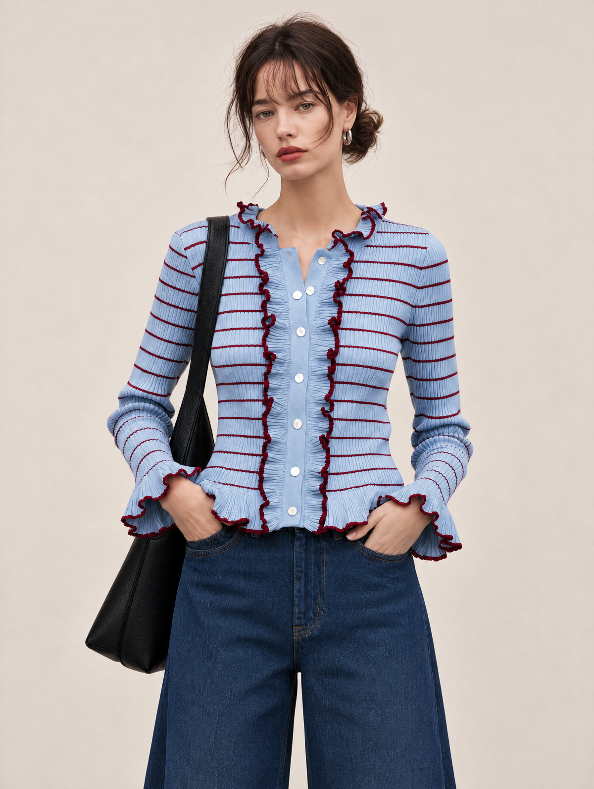 Blue Striped Rib Knit Cardigan