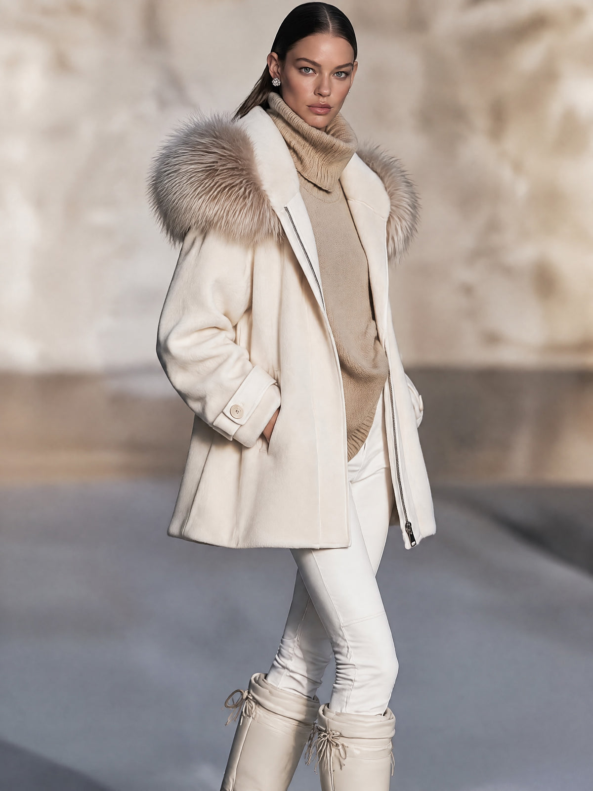 Cream Fur-Trim Hooded Zip Coat Winter Outerwear
