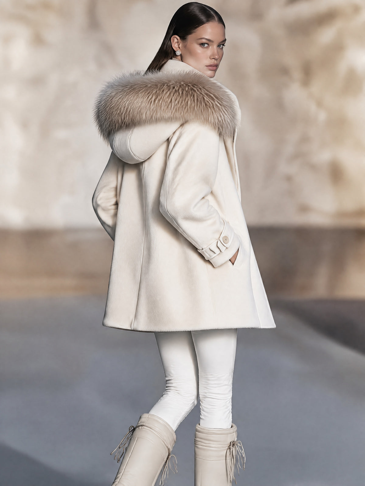 Cream Fur-Trim Hooded Zip Coat Winter Outerwear