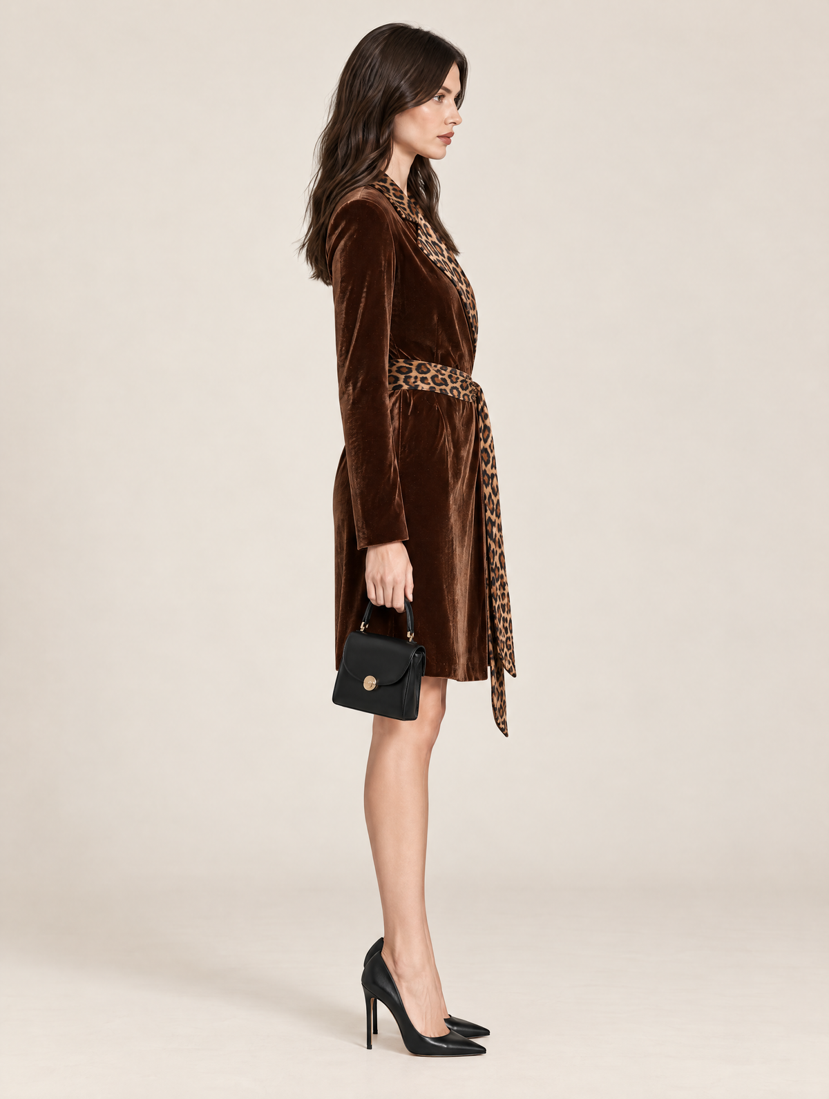 Contrast Leopard Print Lapel Brown Velvet Wrap Dress
