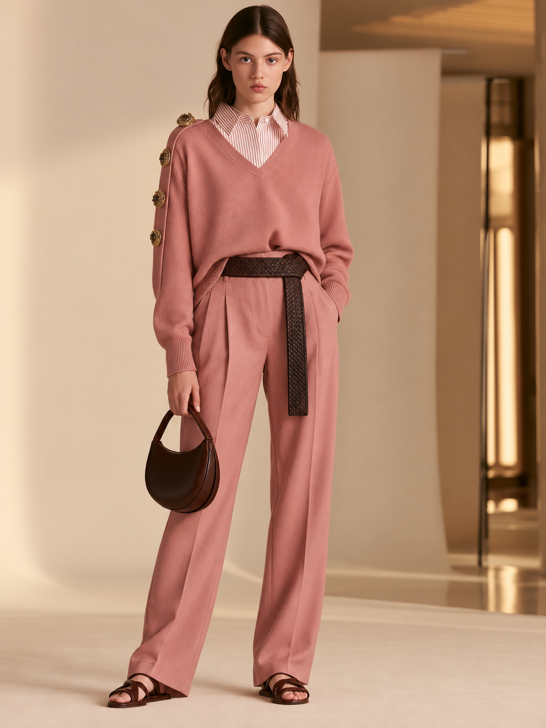 Ornate Gold Button Shoulder Detail Dusty Pink V-Neck Sweater