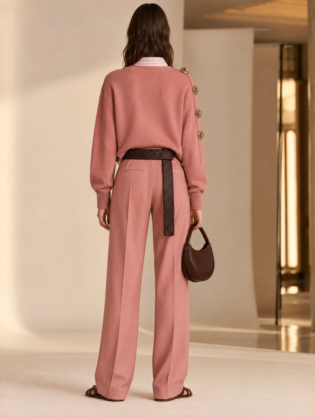 Ornate Gold Button Shoulder Detail Dusty Pink V-Neck Sweater