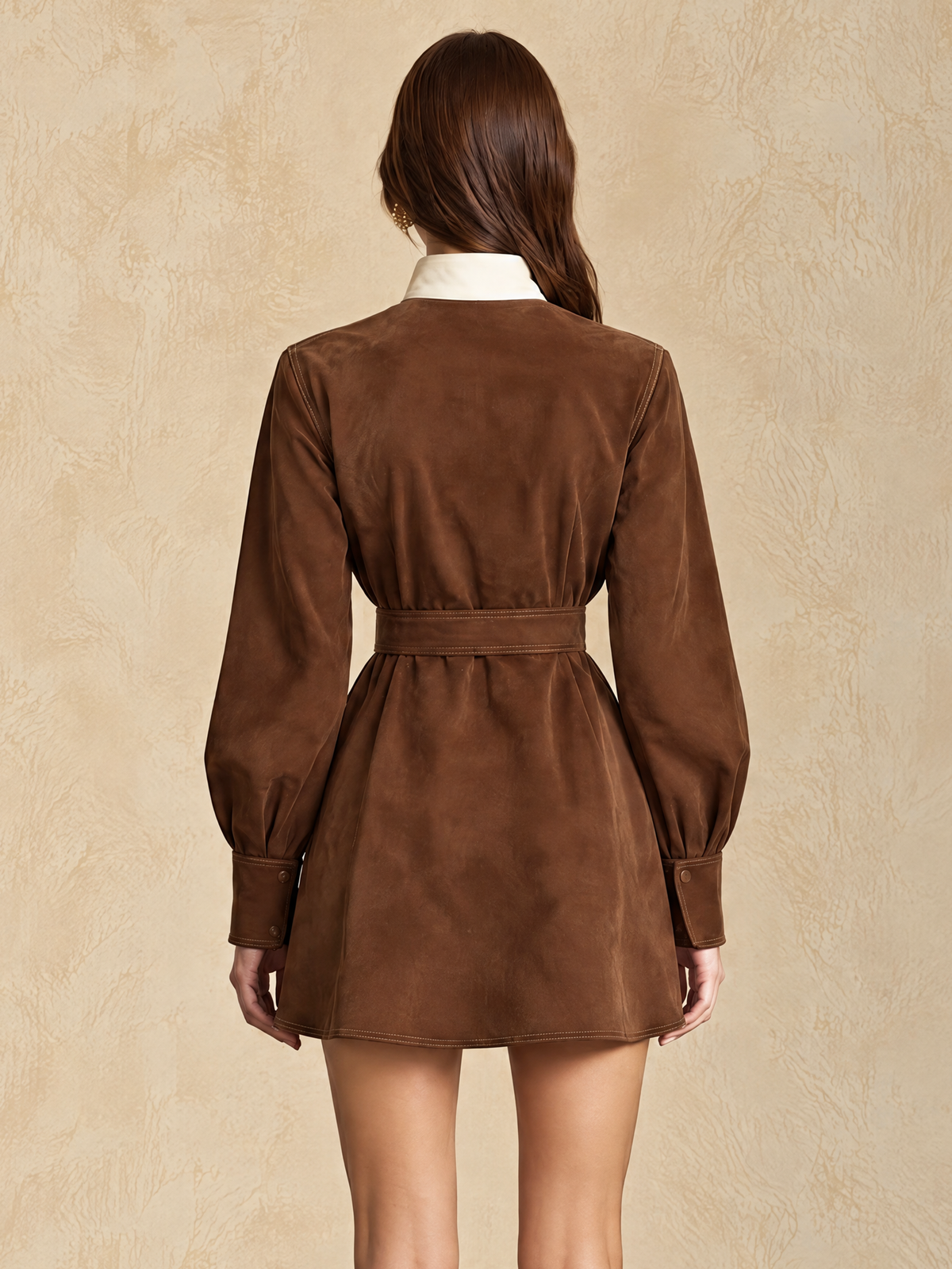 Reddish Brown And Ivory Contrast Panel Suede Mini Dress