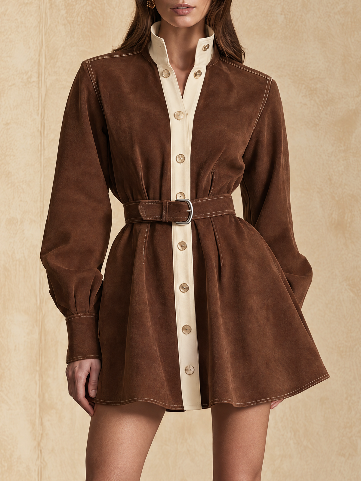 Reddish Brown And Ivory Contrast Panel Suede Mini Dress