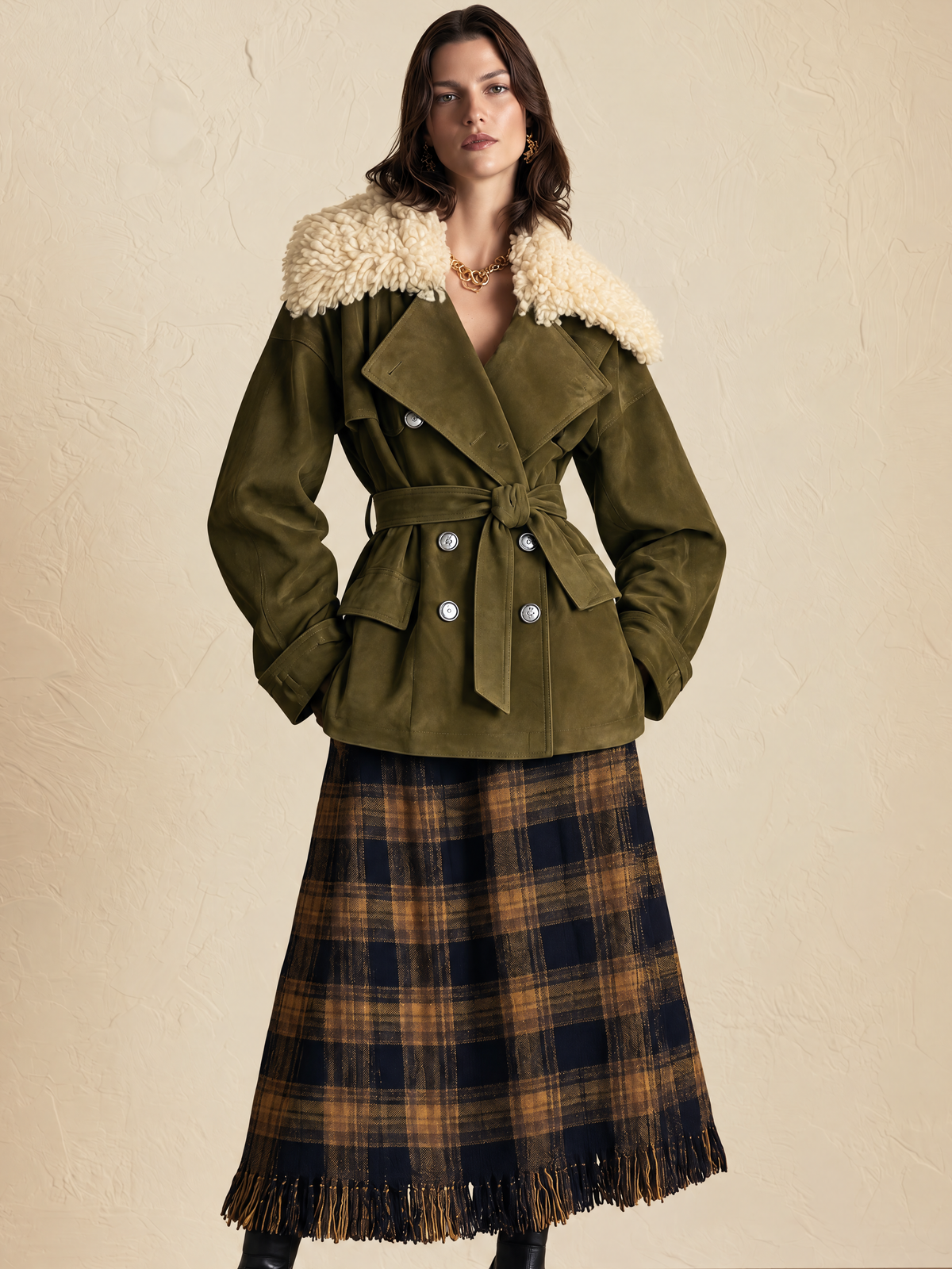 Olive Green Jacket With Beige Fur Collar