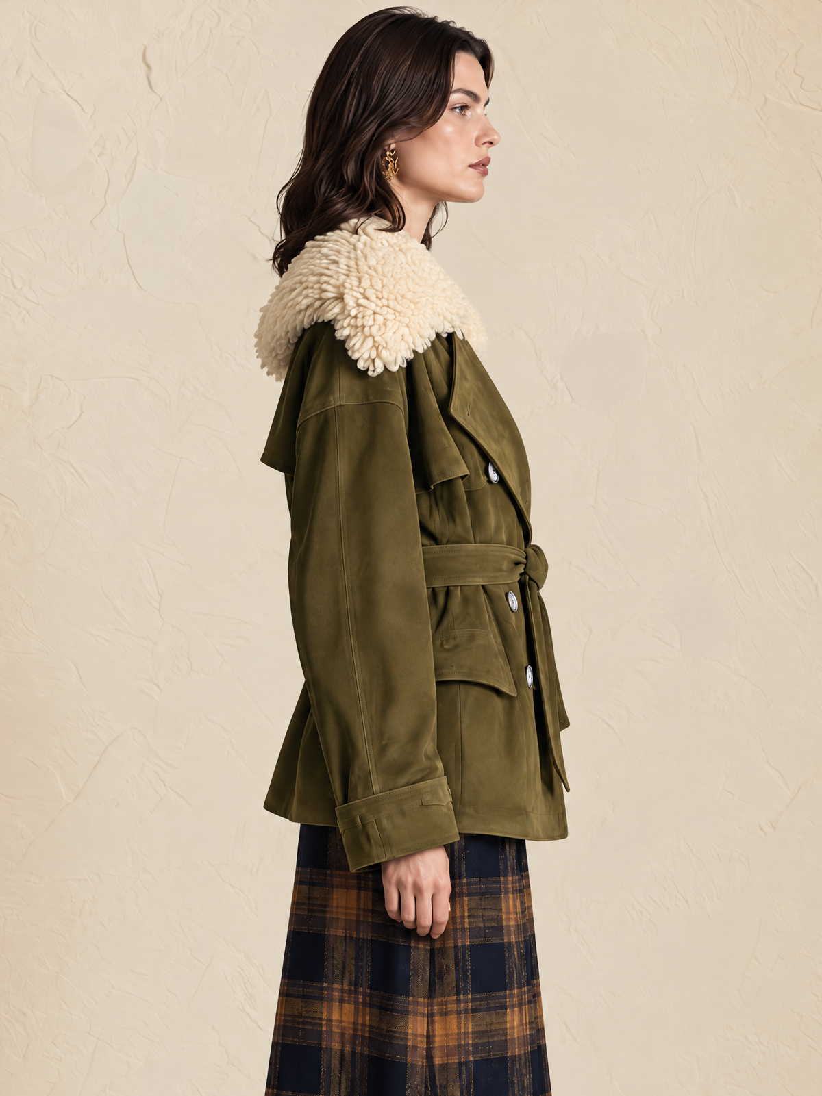 Olive Green Jacket With Beige Fur Collar