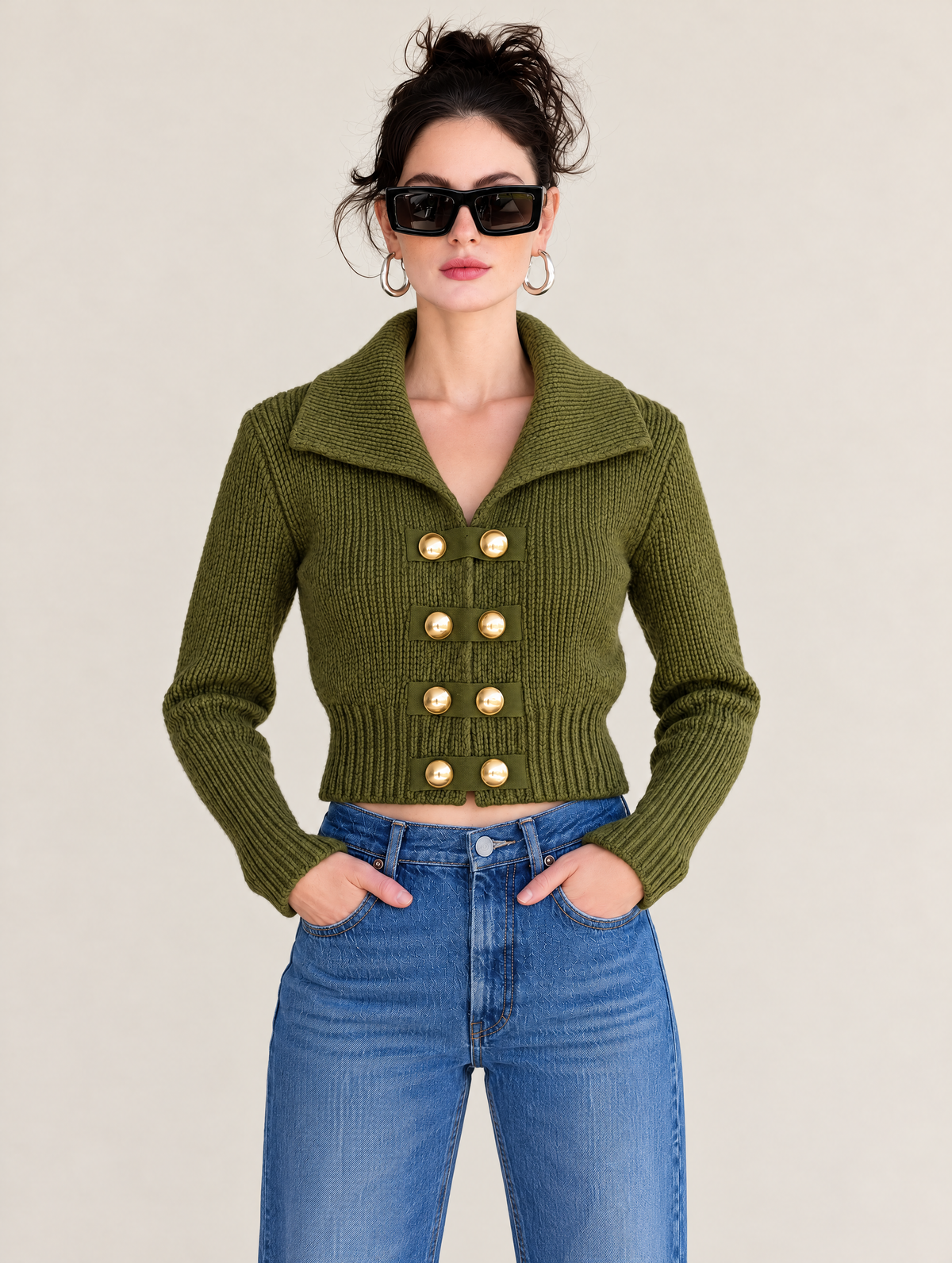 Olive Green Cropped Knit Cardigan