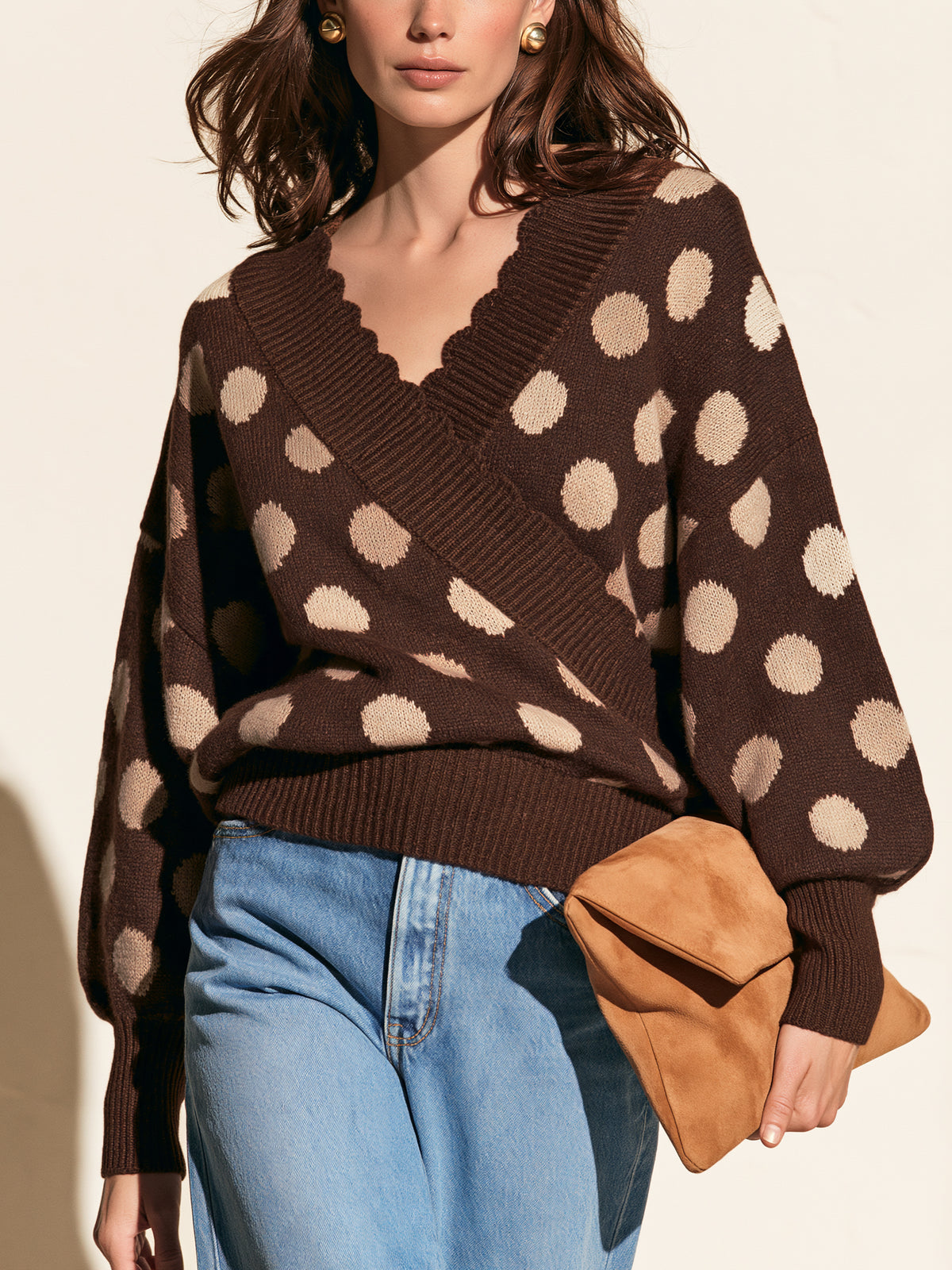 Brown Polka Dot Wrap V-Neck Knit Sweater
