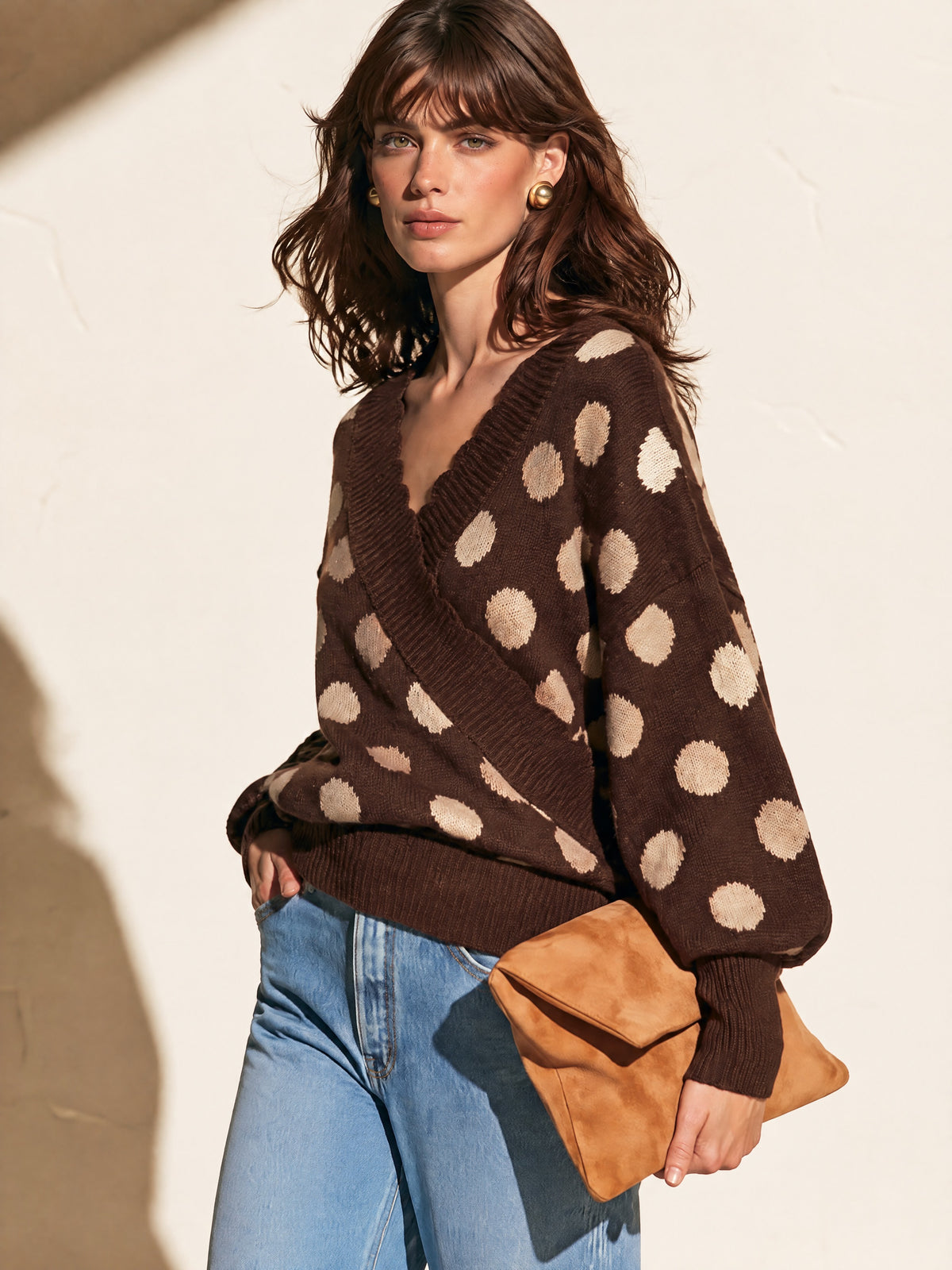 Brown Polka Dot Wrap V-Neck Knit Sweater